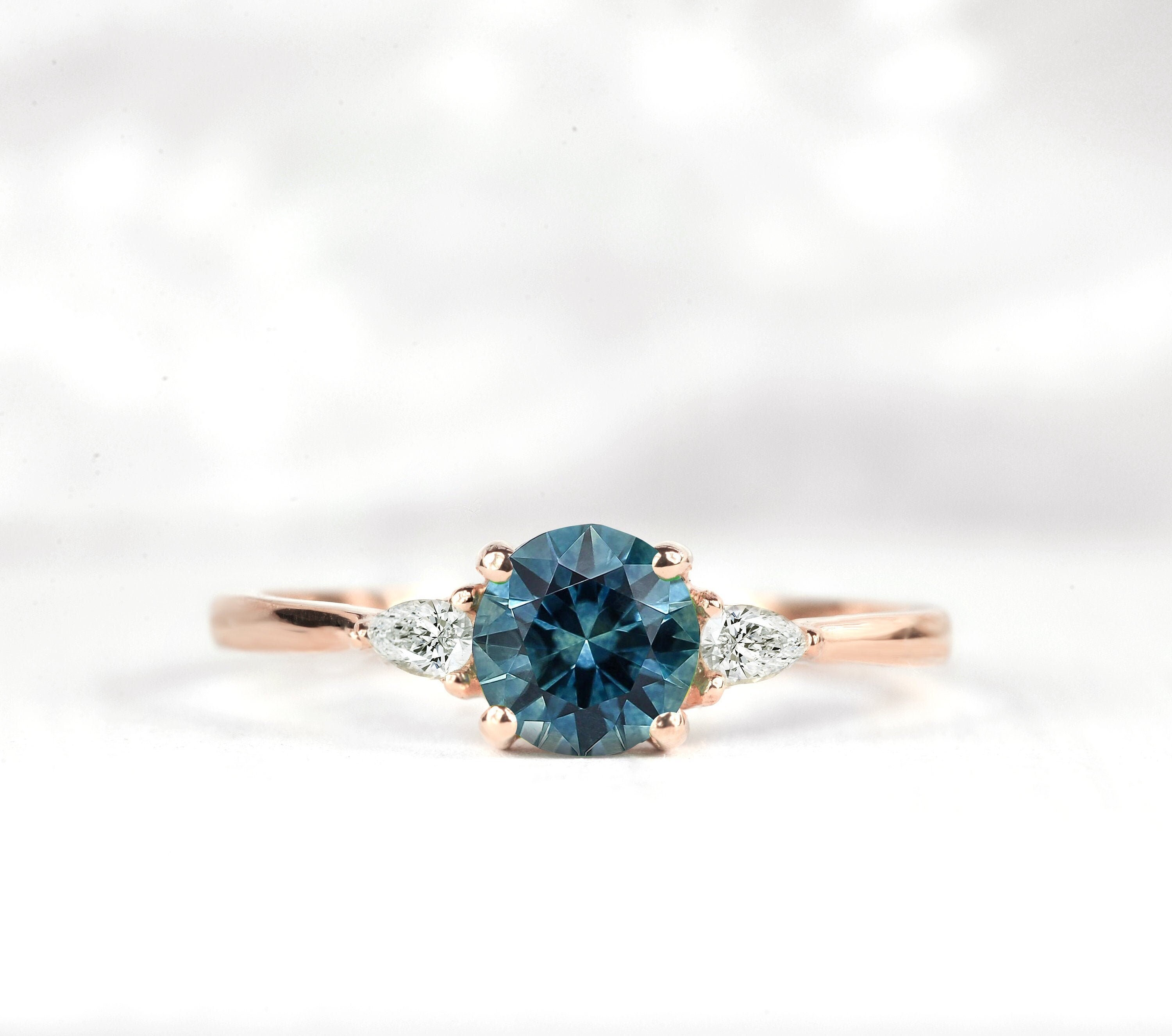 Teal Sapphire Engagement Ring, Green Peacock Blue Sapphire, Blue Green 14K Rose Gold Ring