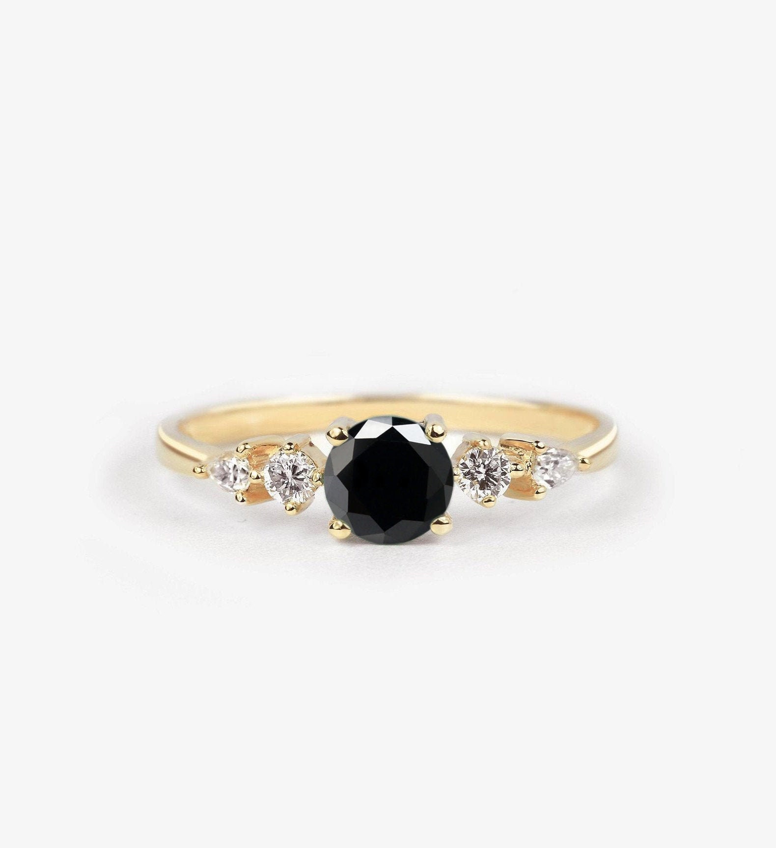Black Diamond Engagement Ring | Three Stone Handmade Anniversary 9K/14K/18K Rose, White, Yellow Gold & Platinum For Her