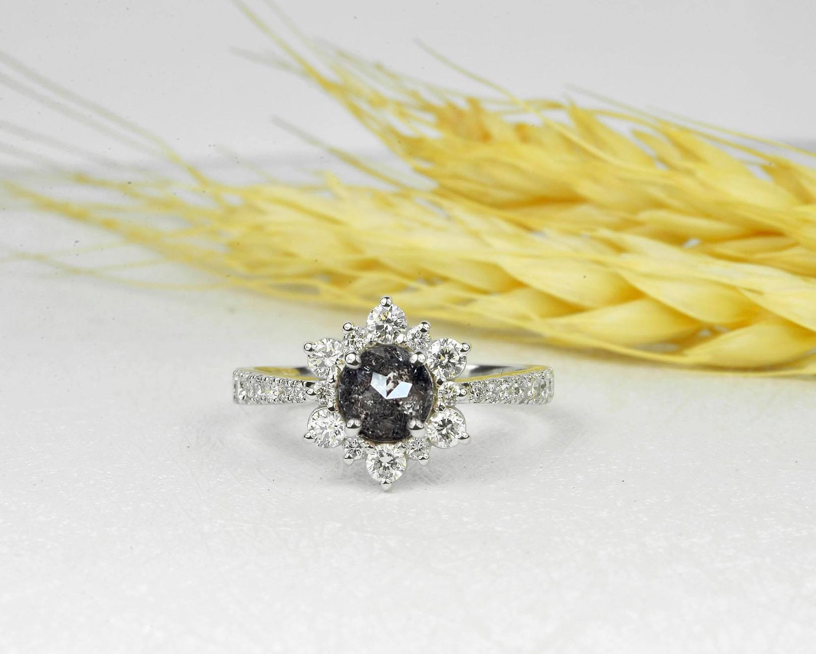 Salt & Pepper Diamond Engagement Ring | Grey Cluster White Gold Vintage Ring Halo Anniversary Unique Bridal