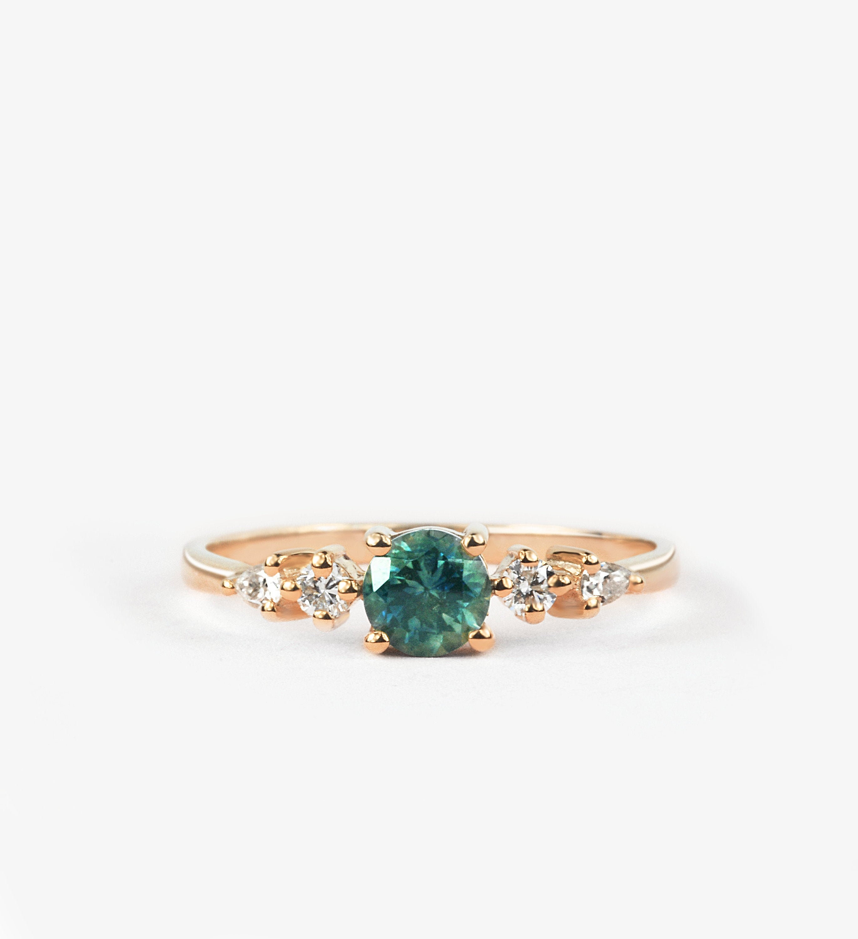 Teal Sapphire Engagement Ring Handmade in Rose/White/Yellow Gold, Ring, Dainty Thin