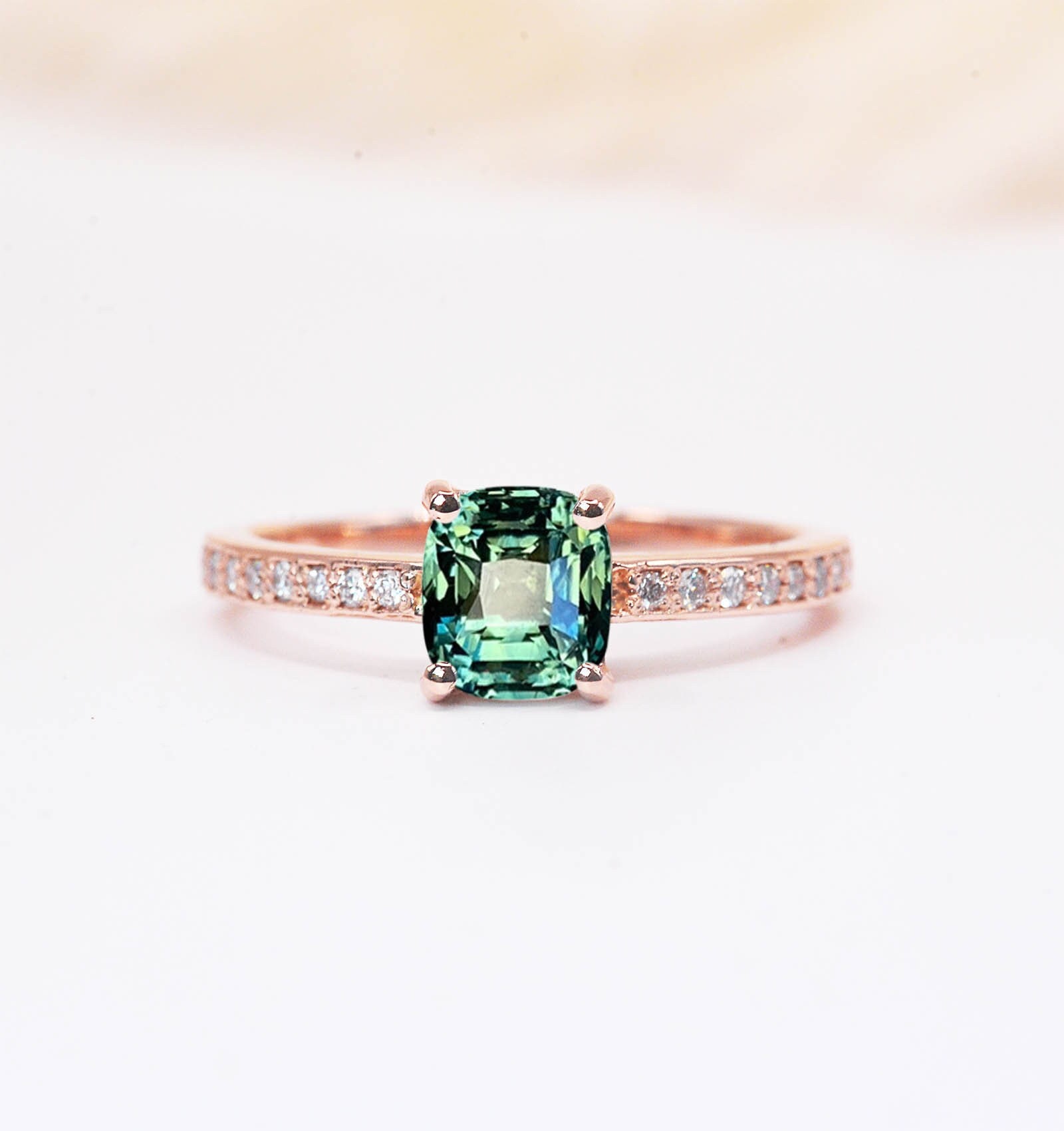 Teal Sapphire & Diamond Vintage Ring | 6mm Cushion Cut Teal Engagement Stylish White