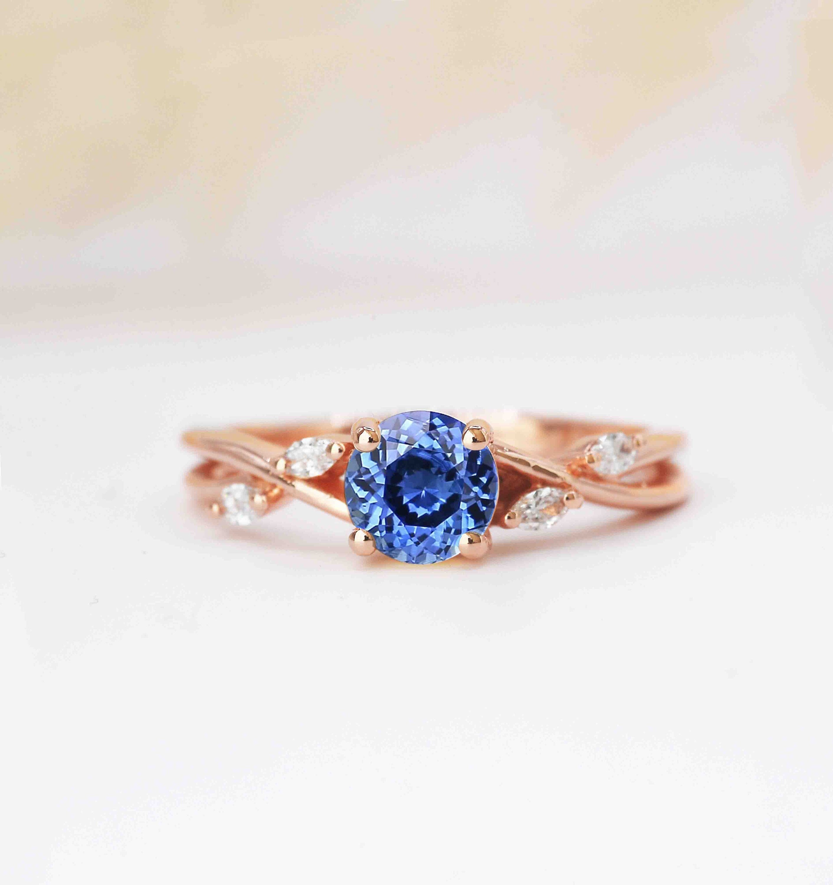 Natural Ceylon Blue Sapphire Engagement Ring | Dainty & Marquise Diamond 1.00Ct Featuring Rose Gold