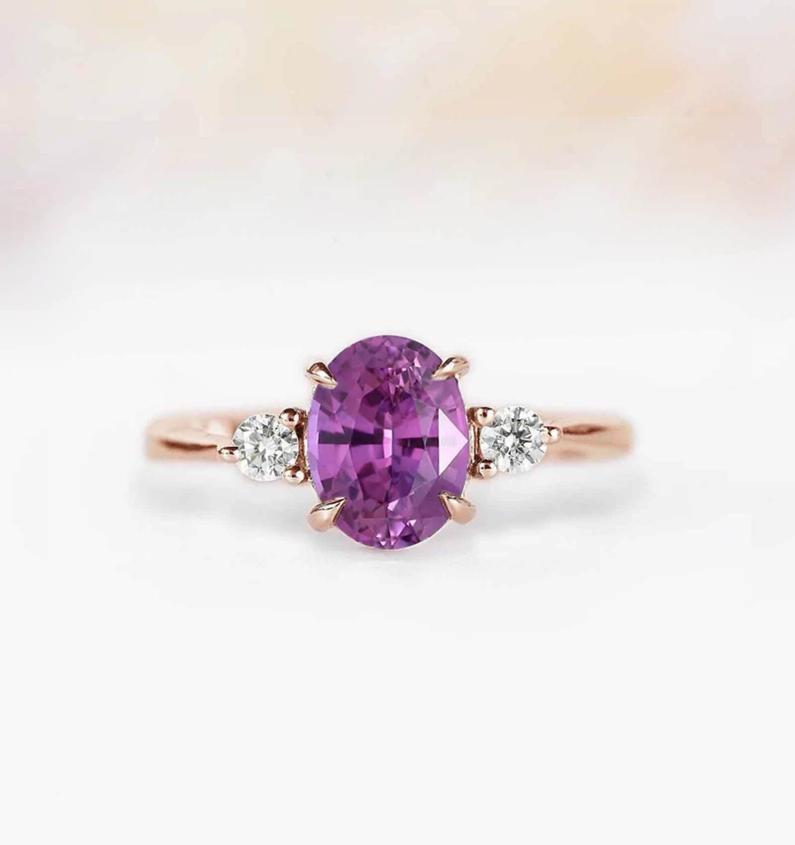 Oval Dark Pink Sapphire Engagement Ring | 9K/14K/18K Gold Diamond Three Stones Eco Friendly