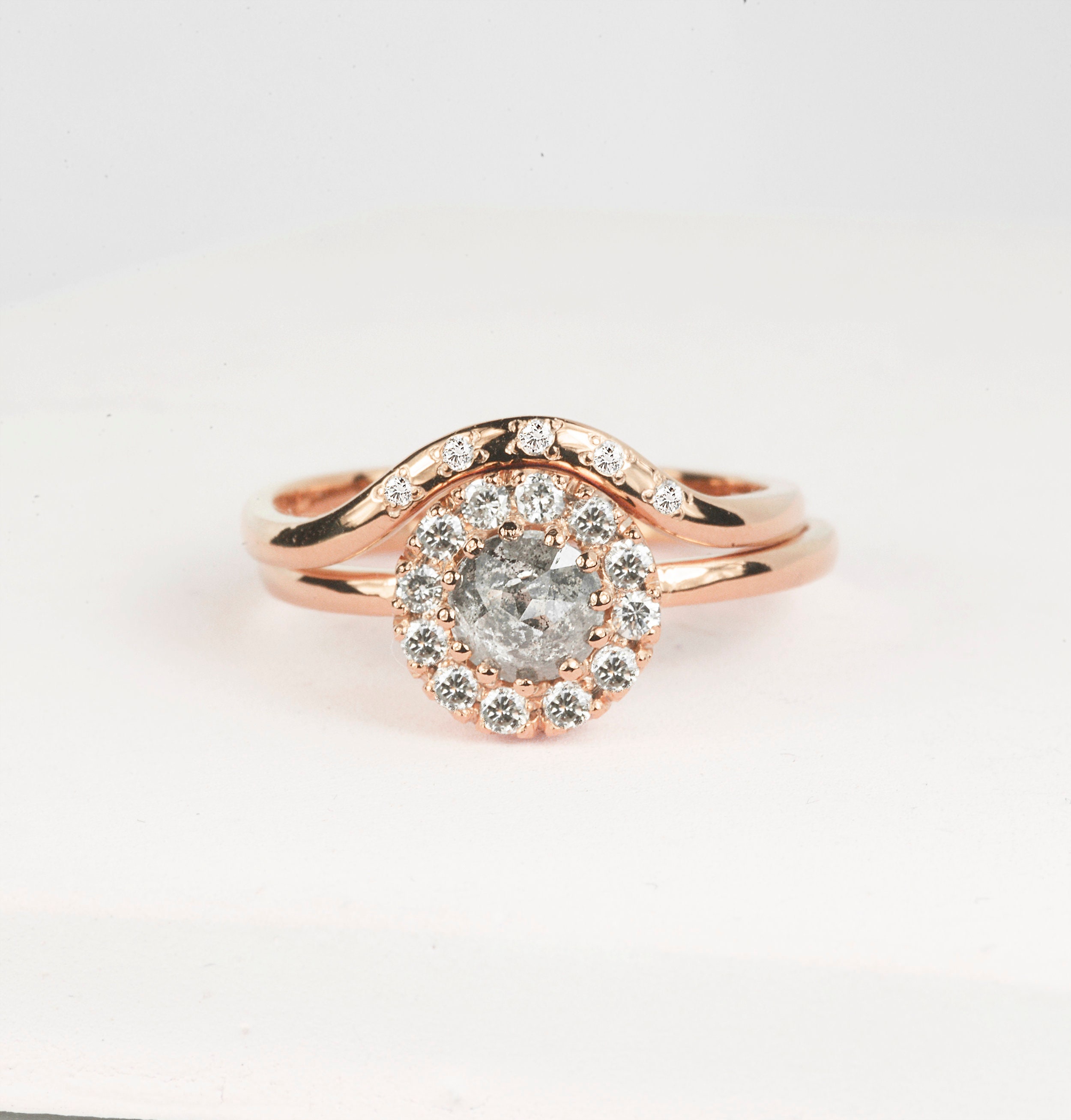 Salt & Pepper Diamond Engagement, Cluster Ring Wedding Band Rose Gold, Engagement Ring Pepper Rustic Set
