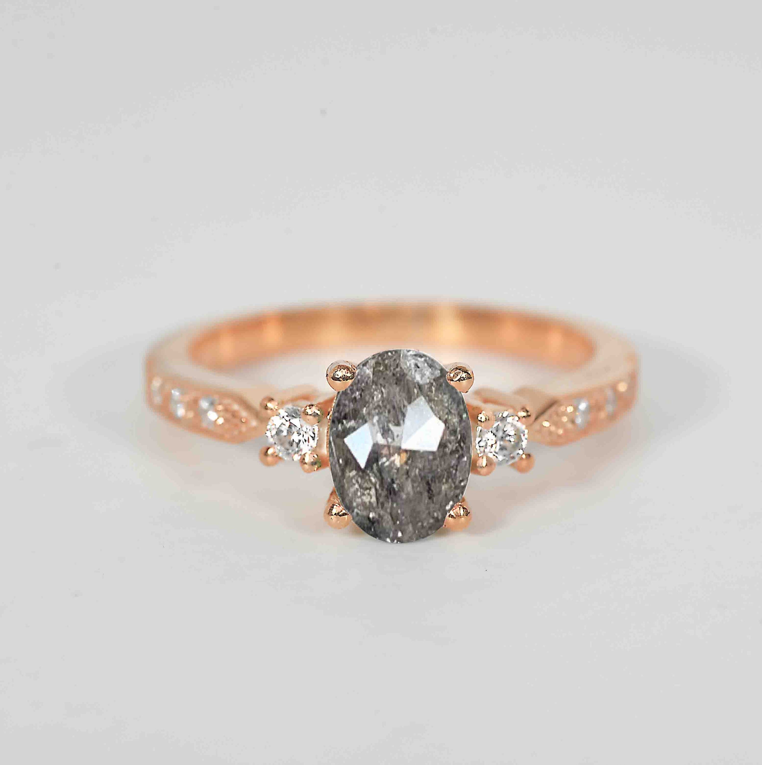 Oval Salt & Pepper Diamond Engagement Ring | Round Diamond 9K/14K/18K Rose Gold Ring Rustic