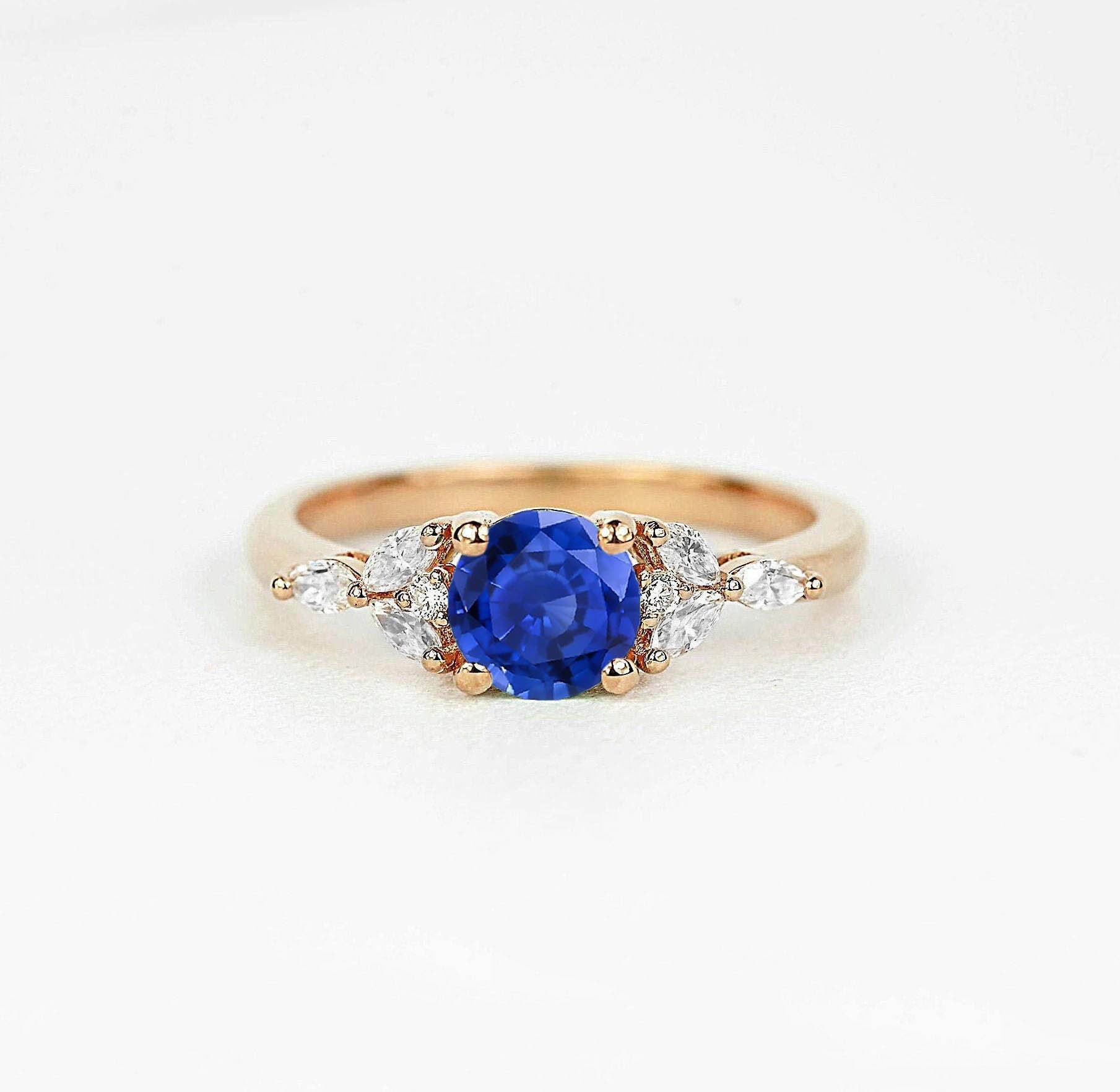 Round Natural Medium Blue Sapphire & Marquise Diamond Engagement Ring | Dainty Bridal Promise Art Deco Bespoke