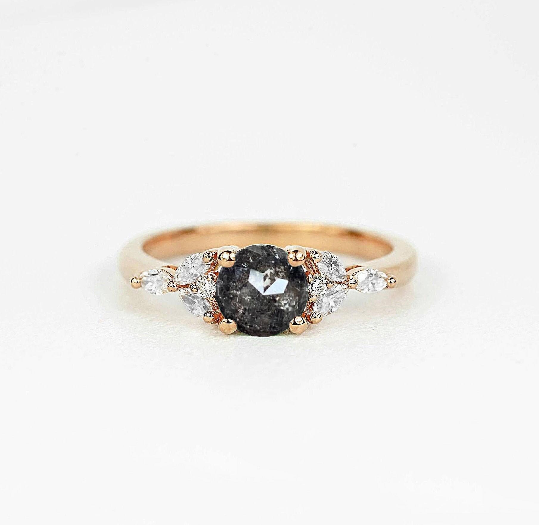 Salt & Pepper Diamond Marquise Engagement Ring | Dainty Bridal Promise Art Deco Bespoke Vintage Ring