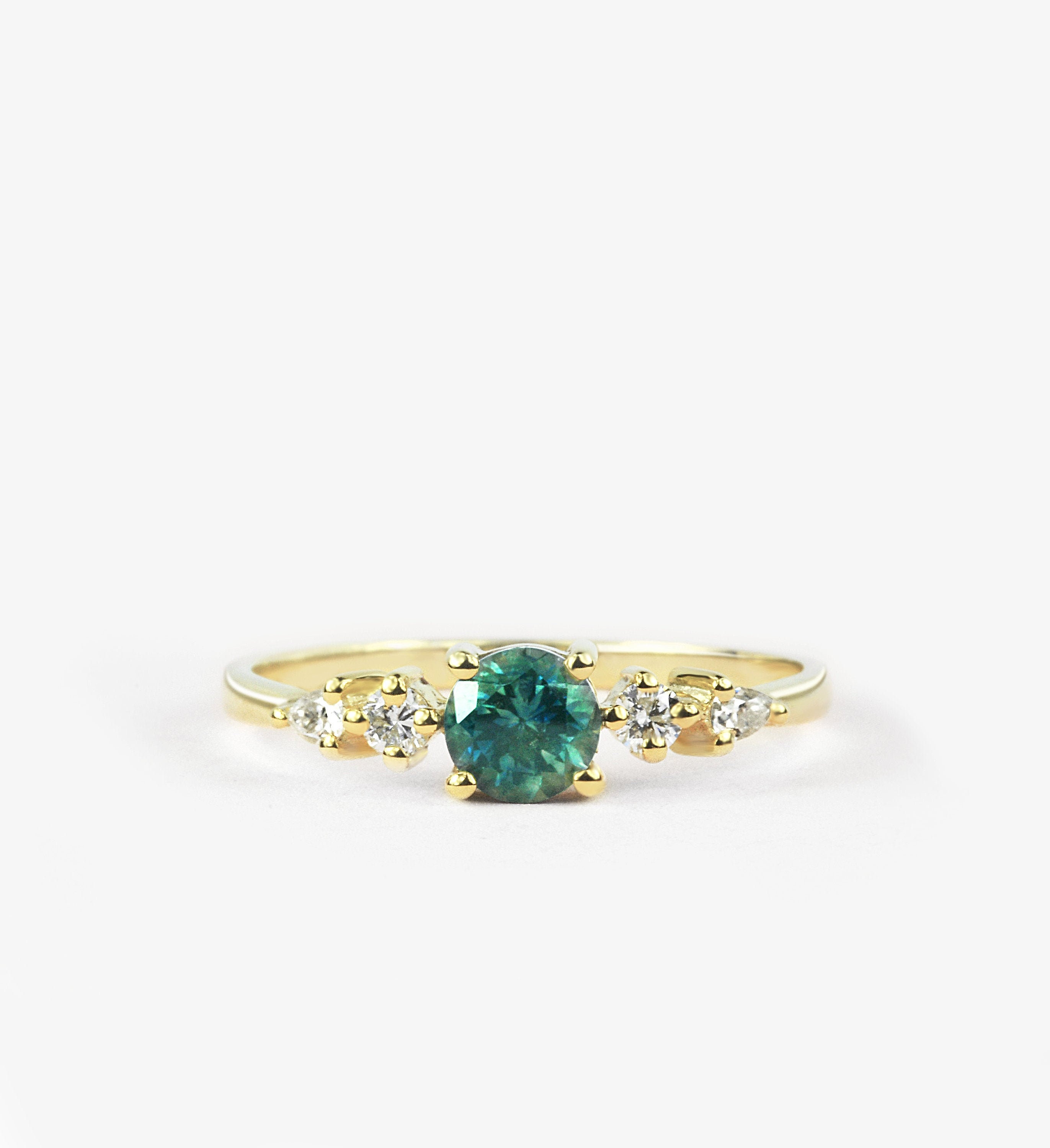 Teal Sapphire Engagement Ring Handmade in Rose/White/Yellow Gold With Diamonds Antique Inspired, Sapphire Engagement Ring