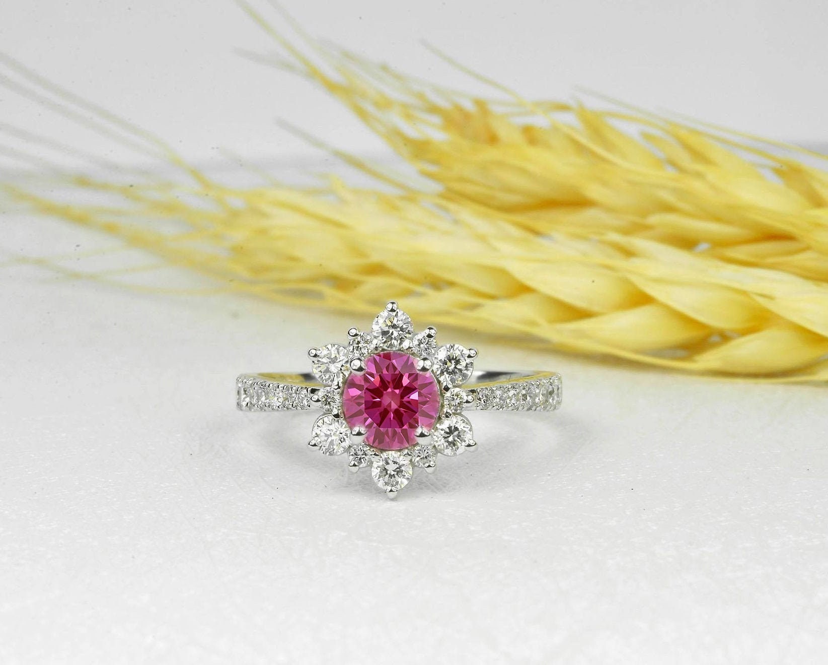 Dark Pink Engagement Ring | Sapphire & Diamond Cluster White Gold Vintage Ring Halo Anniversary Unique Bridal
