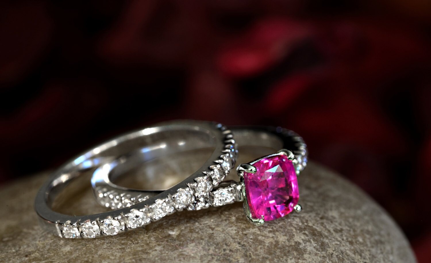 Ceylon Natural Pink Sapphire & Diamonds Engagement Ring/Wedding in Platinum - Handmade Free Shipping