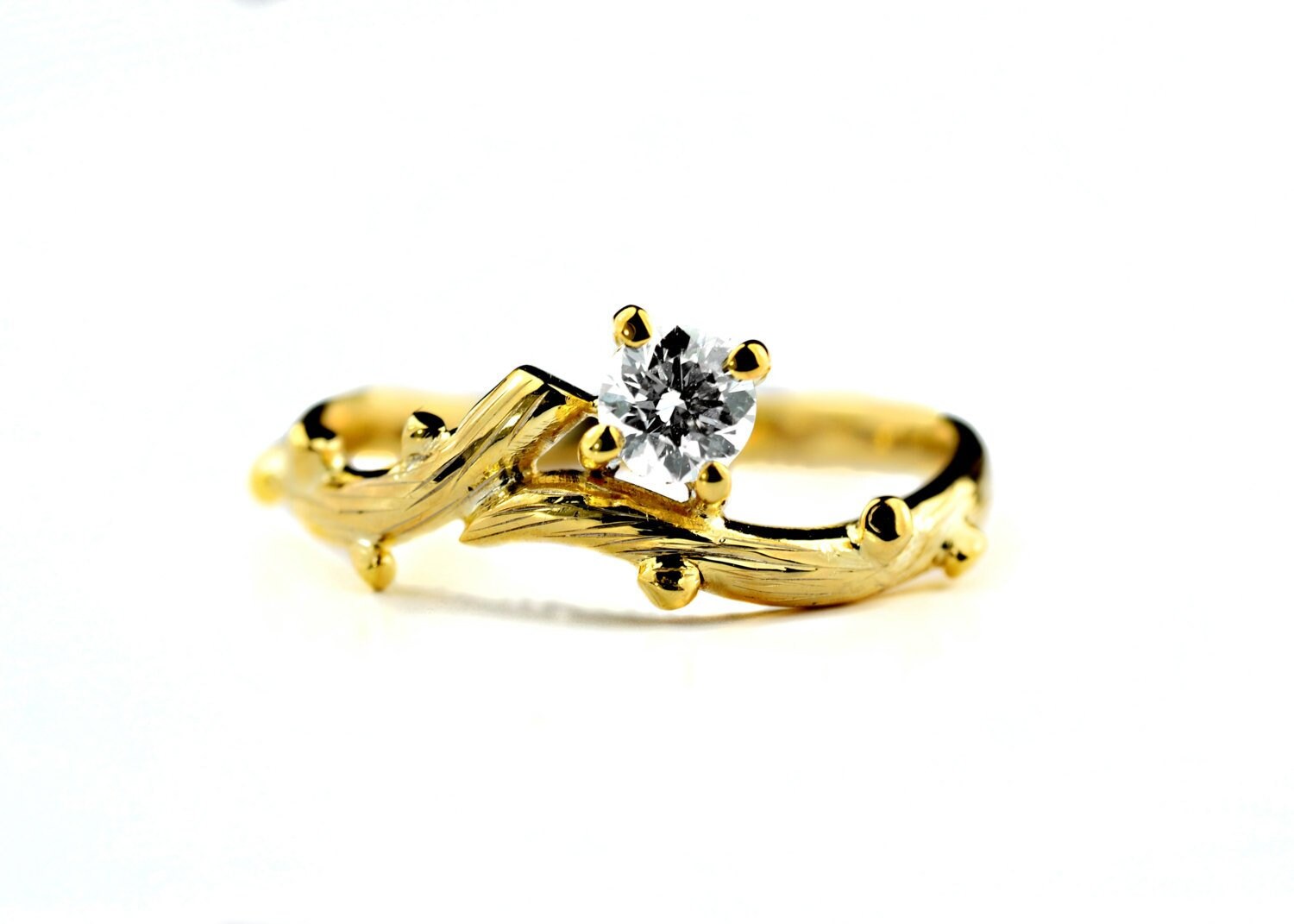 18 Ct Yellow Gold & Diamond Twig Engagement Ring, Promise Anniversary Handmade, Made To Order