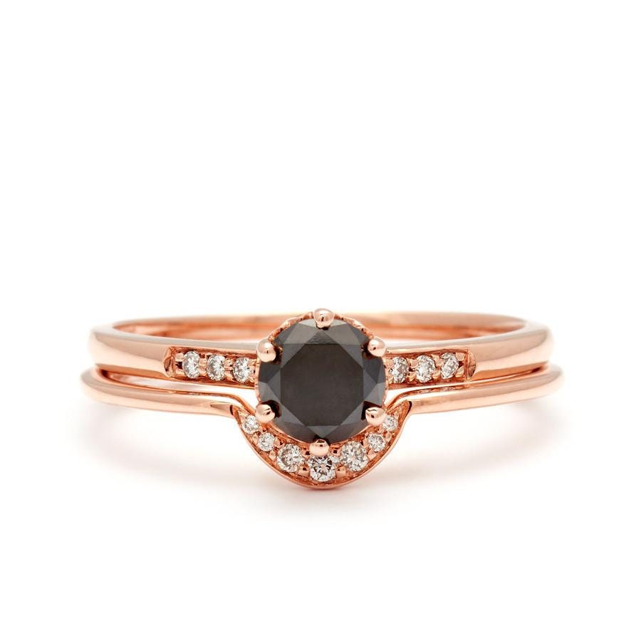 Black Diamond Engagement Ring - 1Ct Ring-Diamond Wedding Band-Diamond Curved Rings Set-Natural Diamond Ring