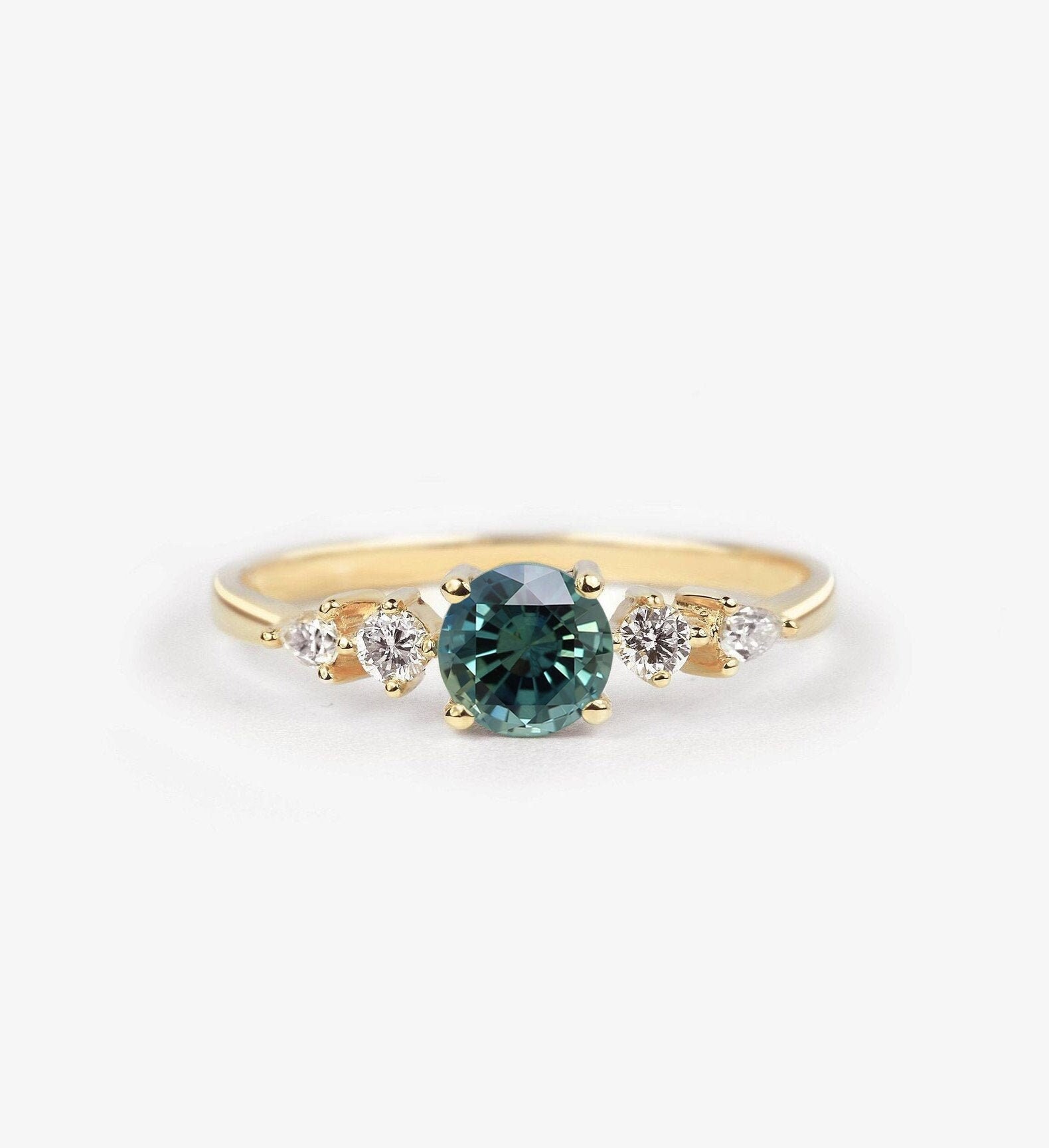 Teal Sapphire Engagement Ring | Three Stone Handmade Anniversary 9K/14K/18K Rose, White, Yellow Gold & Platinum