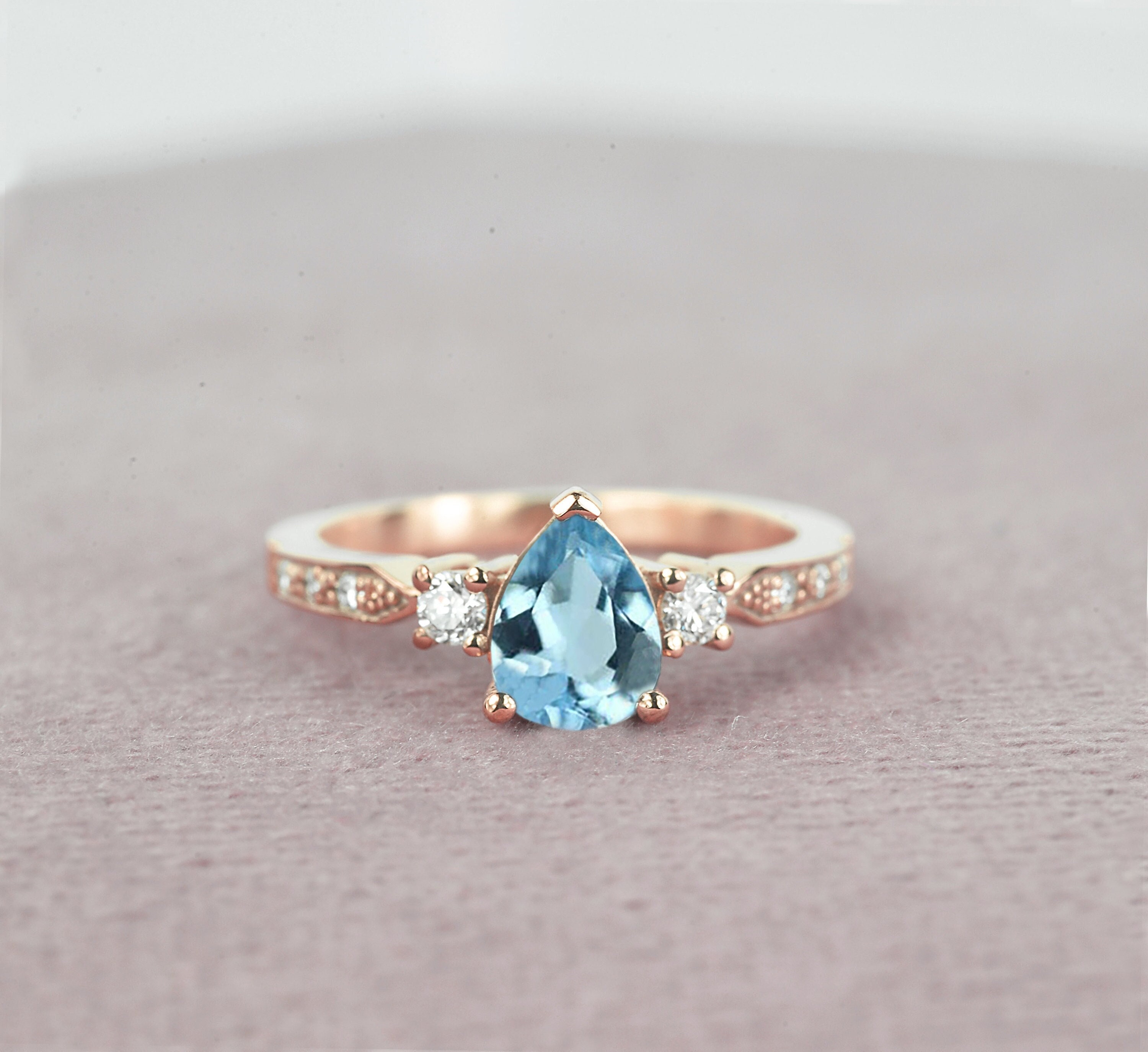 Pear Shaped Aquamarine Engagement Ring | Round Diamond 9K/14K/18K Rose Gold Rustic Ring For Her