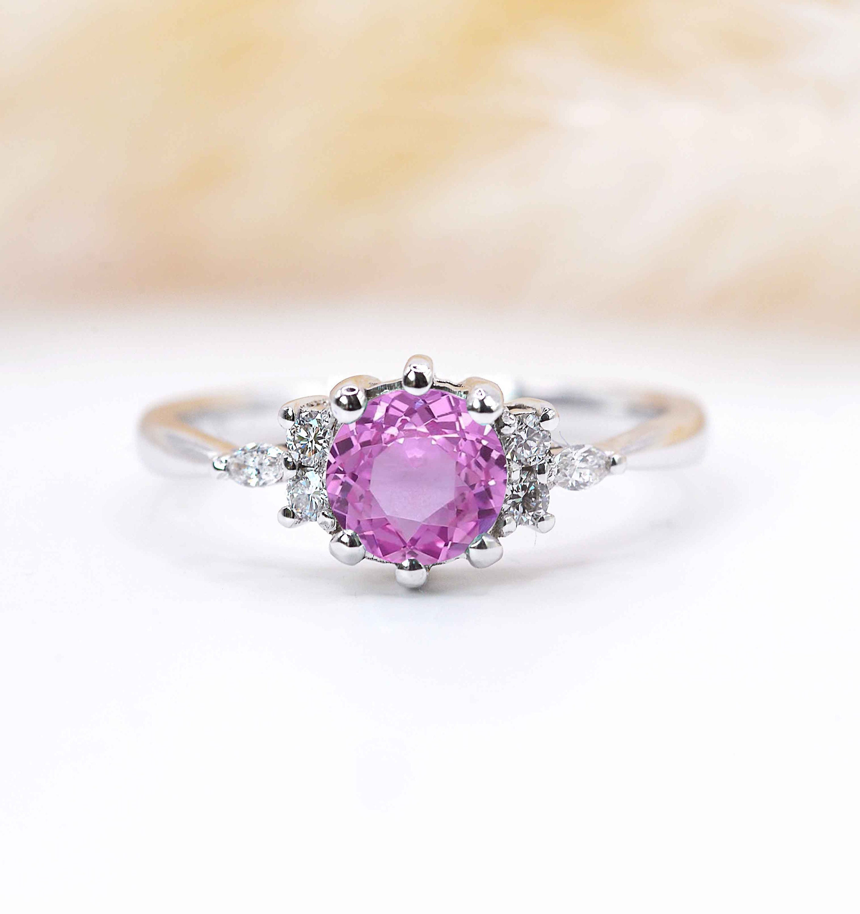 Pink Sapphire White Gold Engagement Ring | Delicate Pink & Diamond Celebrity Vintage Art Deco Stylish