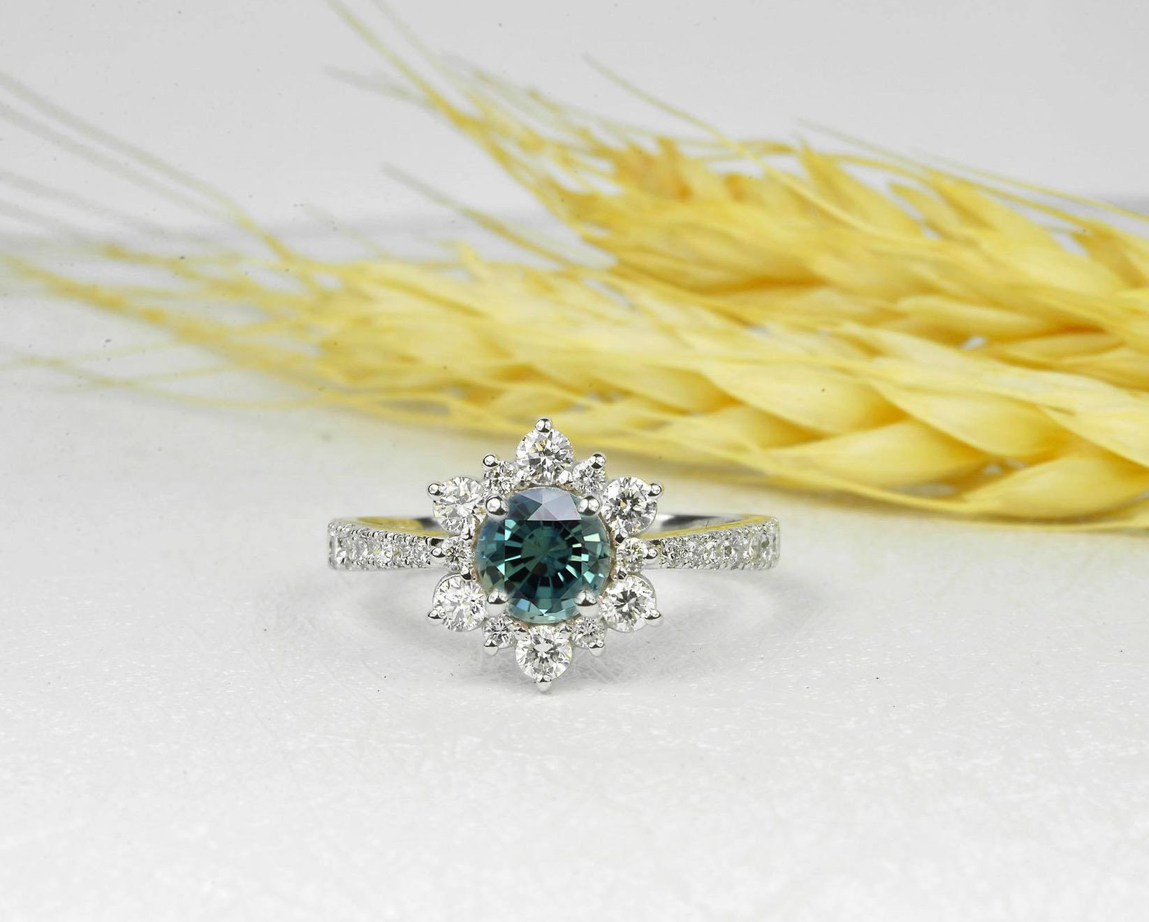 Teal Sapphire Engagement Ring | & Diamond Cluster White Gold Vintage Ring Halo Anniversary Unique Bridal