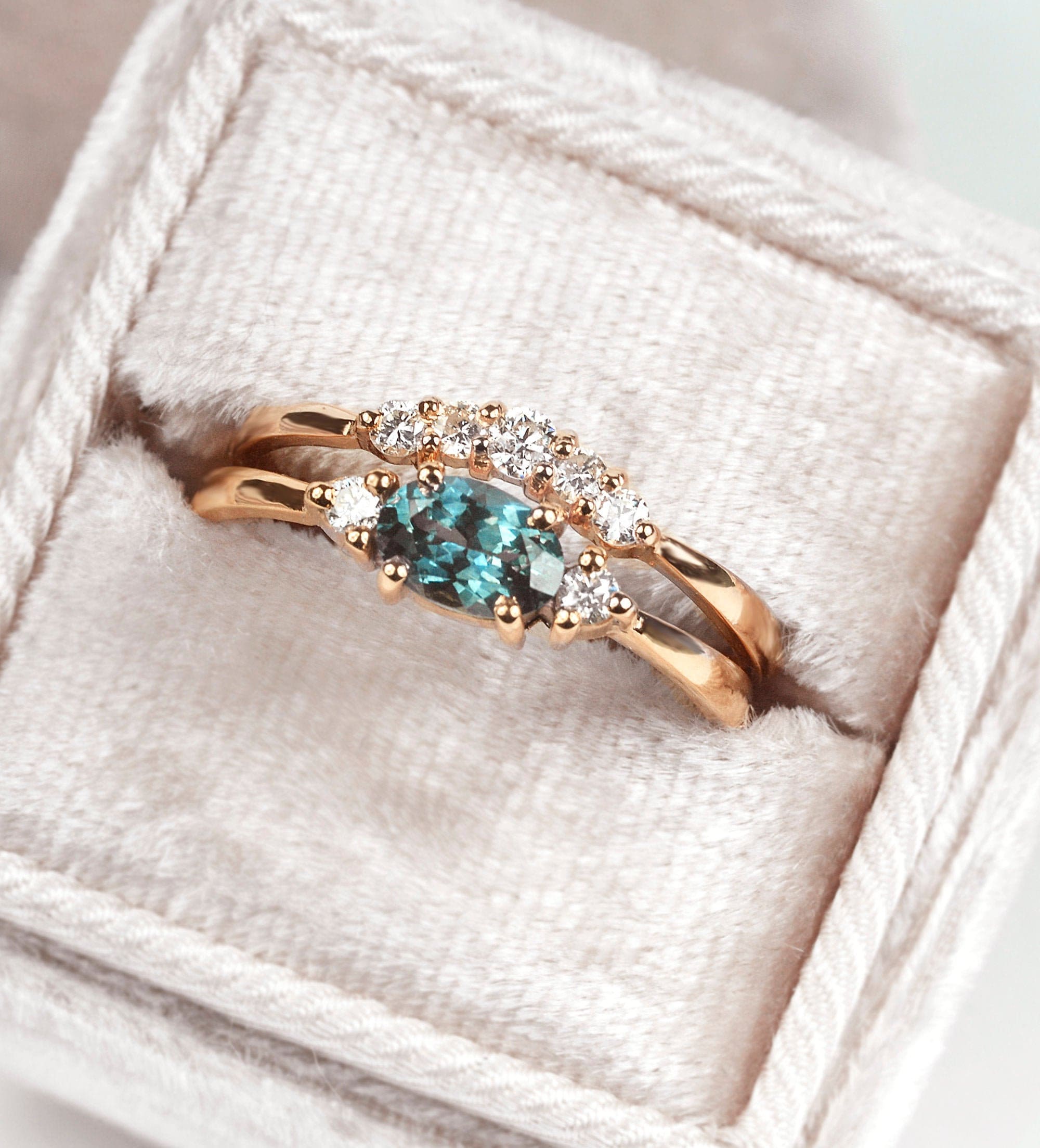 Teal Sapphire Engagement Ring Montana Diamond Alternative Wedding Band-Diamond Curved Set
