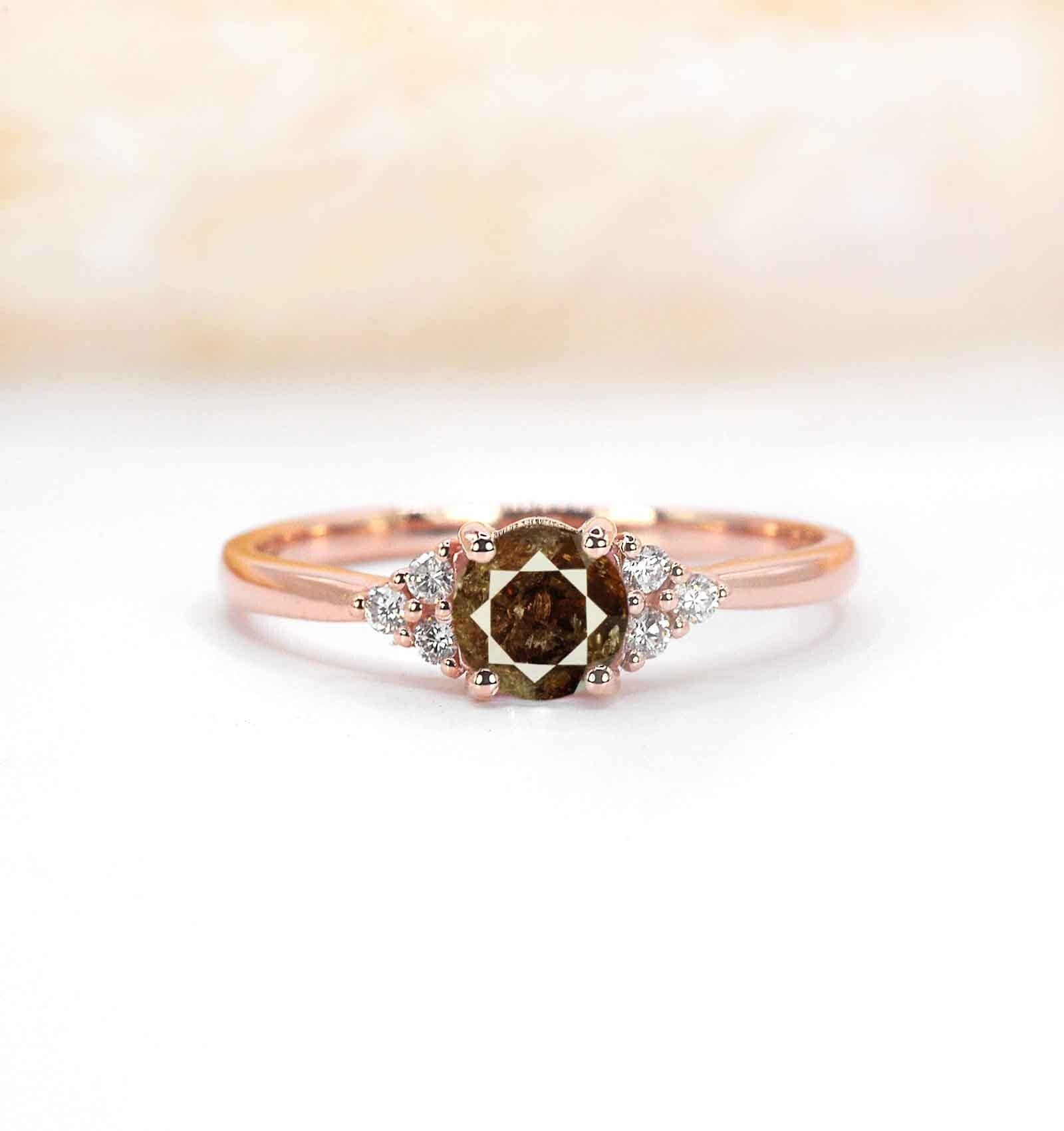 Natural Rustic Diamond Engagement Ring | Art Deco Brownish Solid Rose, Yellow, White Gold Or Platinum Handmade