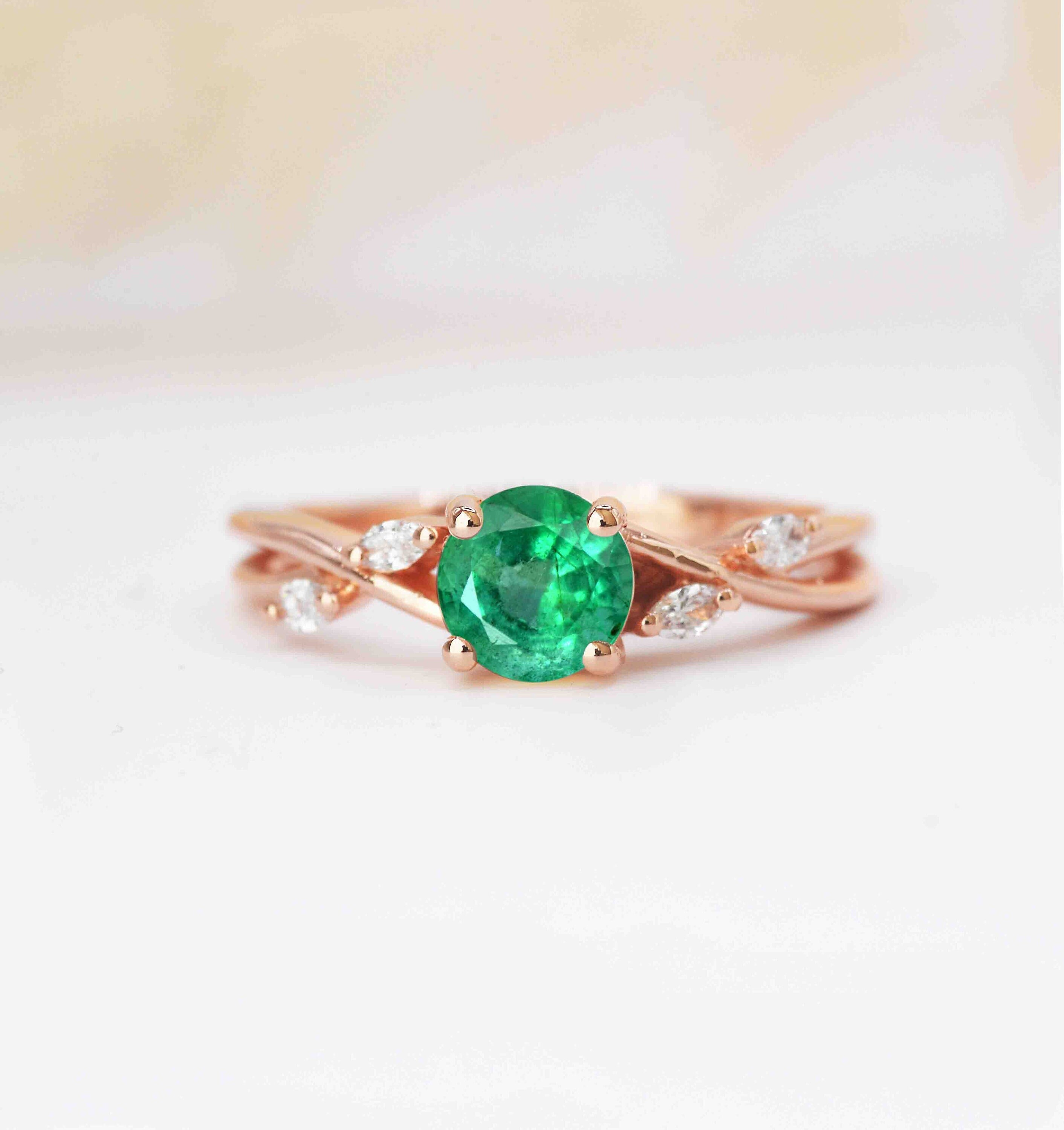 Emerald & Diamond Dainty Engagement Ring | Dainty Emerald Marquise Round 1.00Ct Featuring Rose Gold