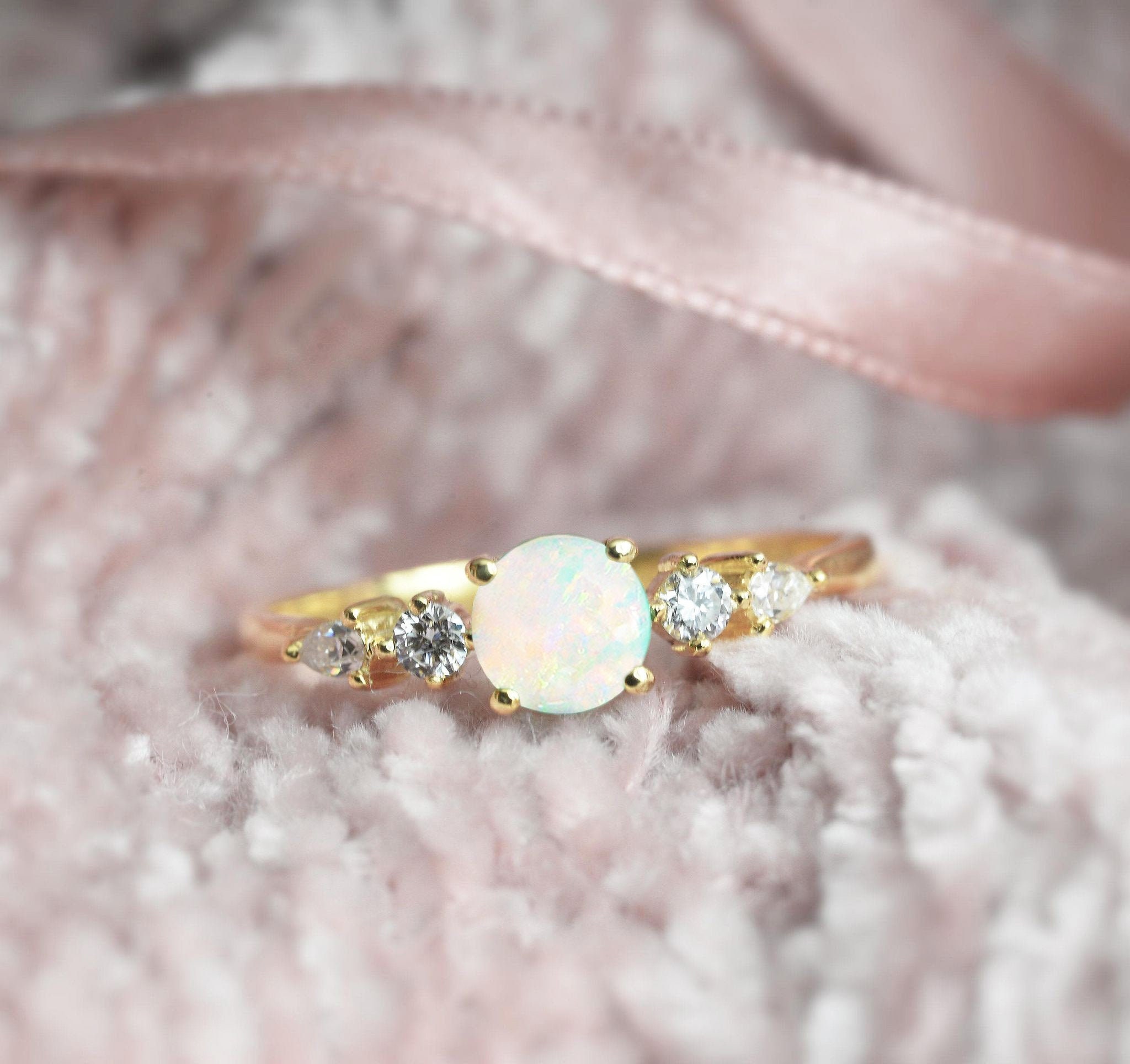 White Opal Engagement Ring | Three Stone Handmade Anniversary 9K/14K/18K Rose, White, Yellow Gold & Platinum For Her