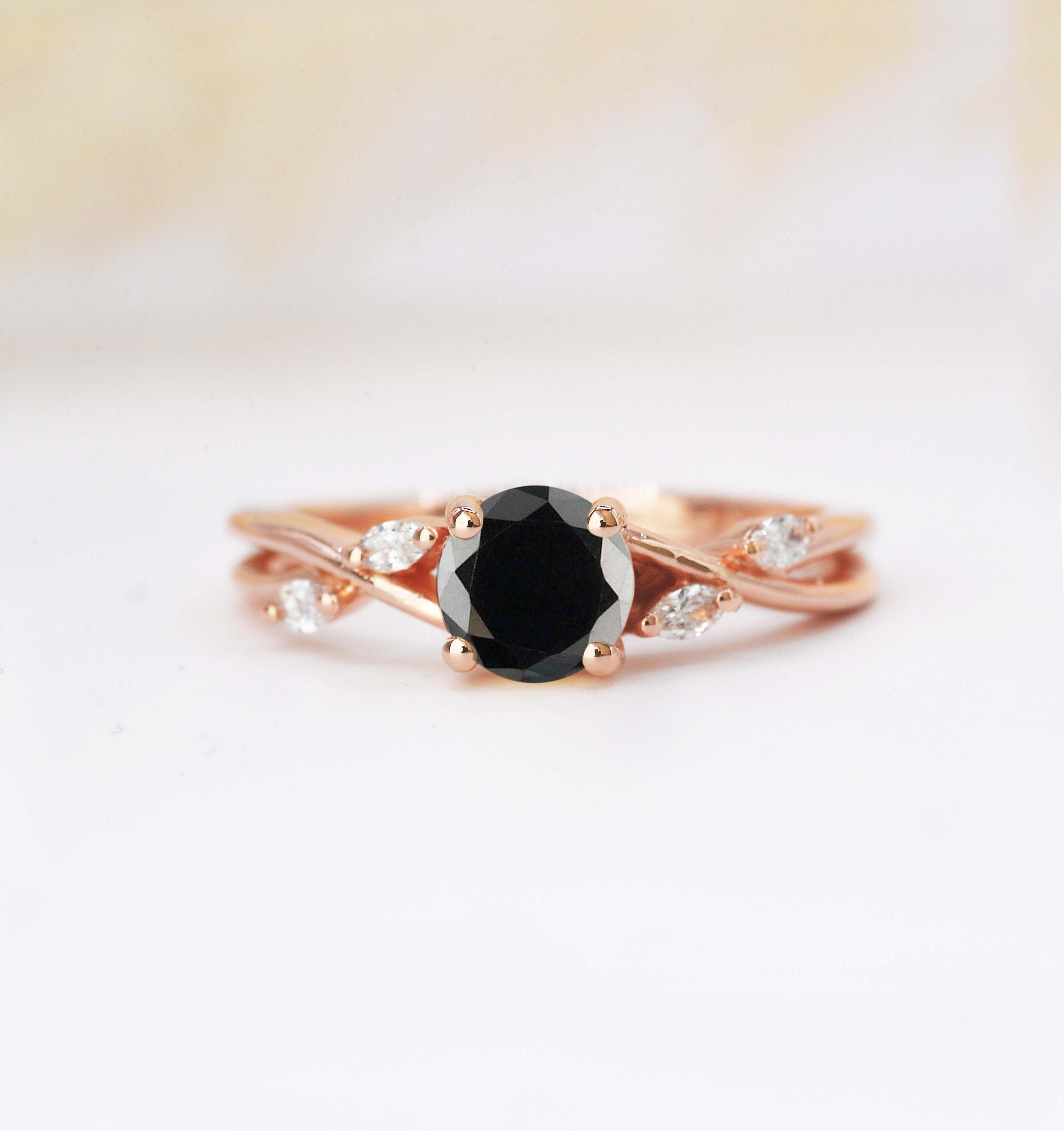 Black Diamond & Marquise Ring | Unique Handmade Black Engagement Vintage Rose Gold For Her