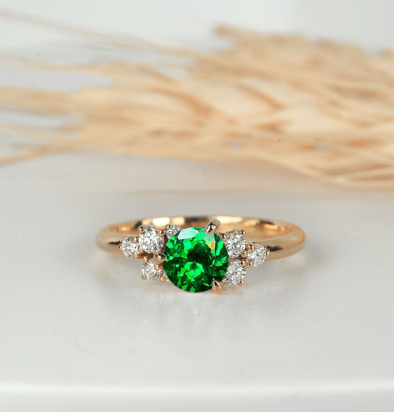 Tsavorite Engagement Ring | Natural Cluster Solid Rose Gold Vintage Anniversary Unique Bridal For Her