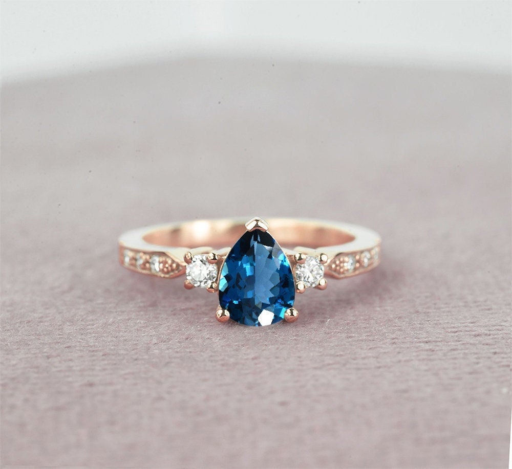 Pear Shaped Blue Topaz Engagement Ring | Round Diamond 9K/14K/18K Rose Gold Rustic Ring For Her