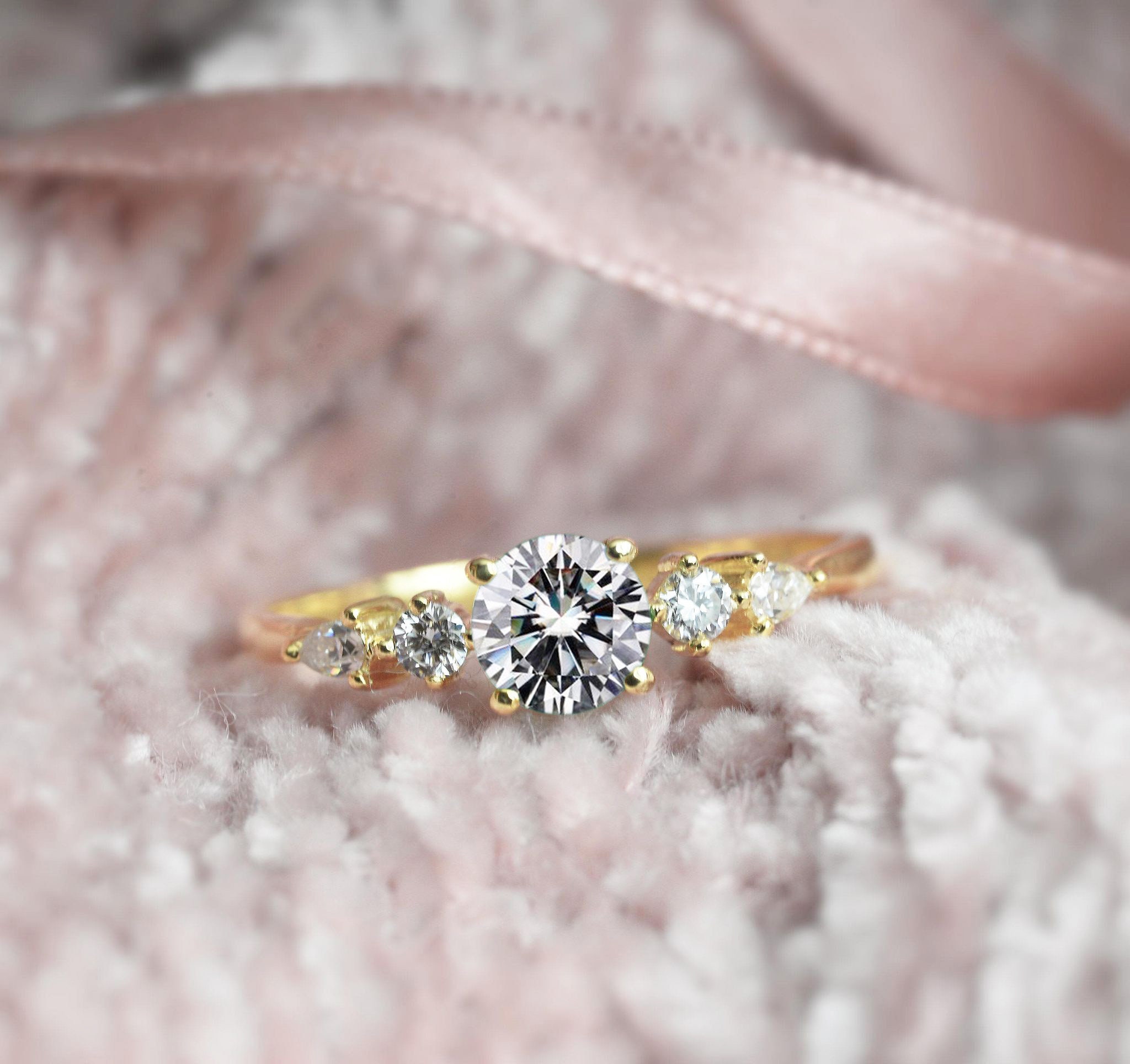 White Moissanite Engagement Ring | Three Stone Handmade Anniversary 9K/14K/18K Rose, White, Yellow Gold & Platinum