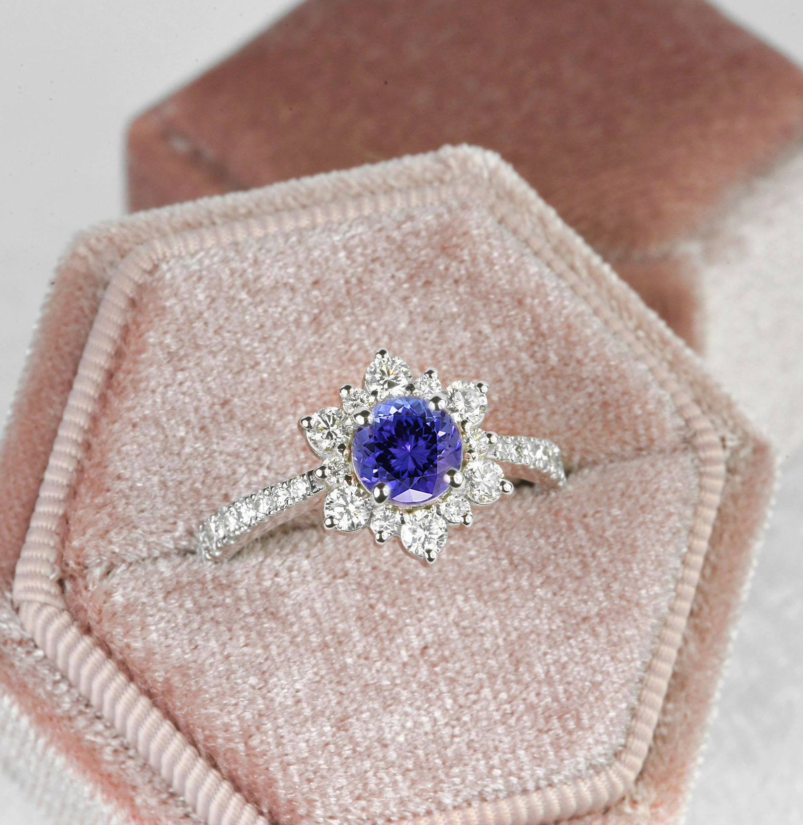Tanzanite Engagement Ring | Natural & White Diamond Cluster Gold Vintage Ring Halo Anniversary Unique Bridal