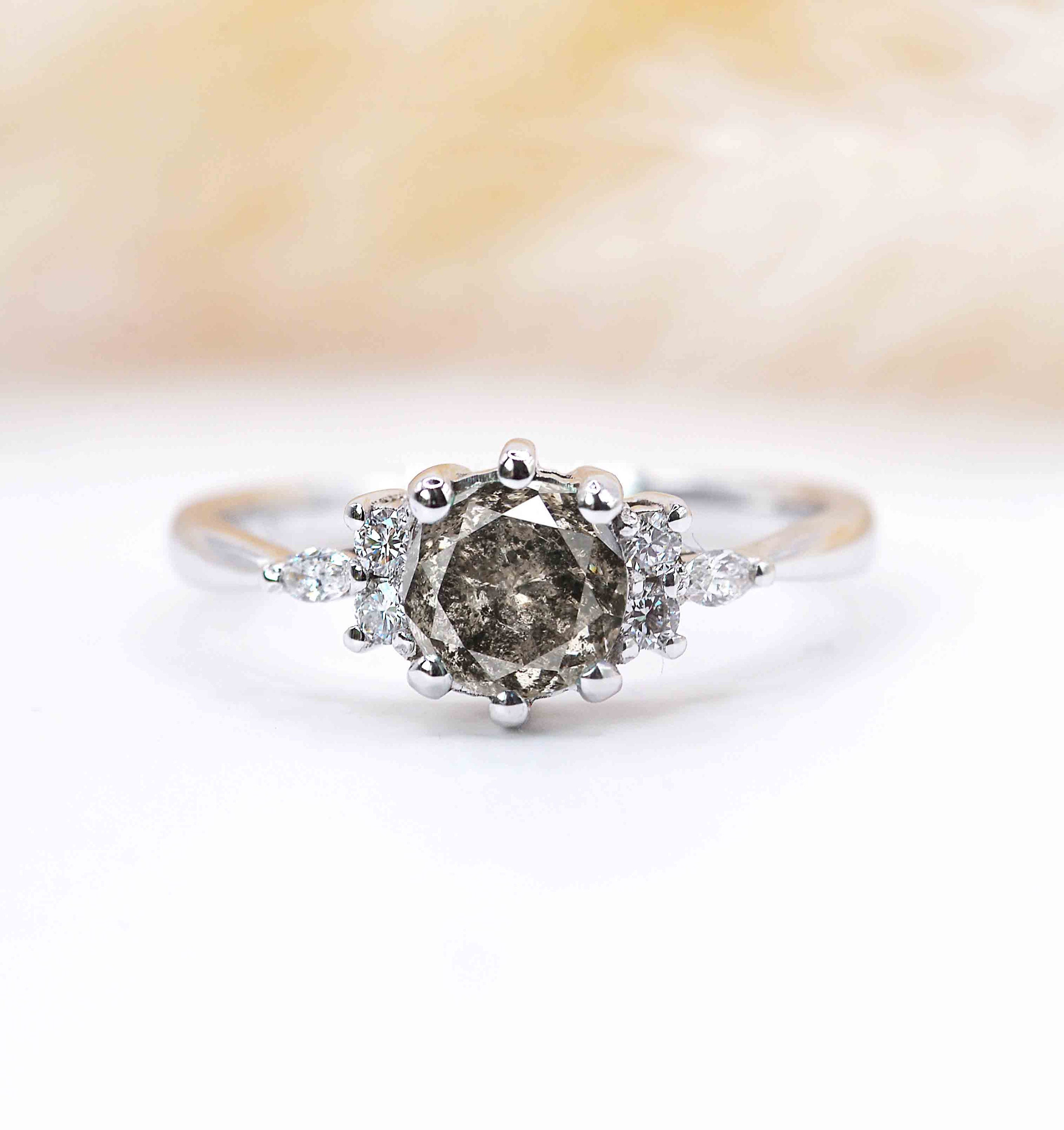 Natural Salt & Pepper Diamond Delicate Ring | Grey Featuring Dainty Solid White Gold Celebrity Vintage Stylish
