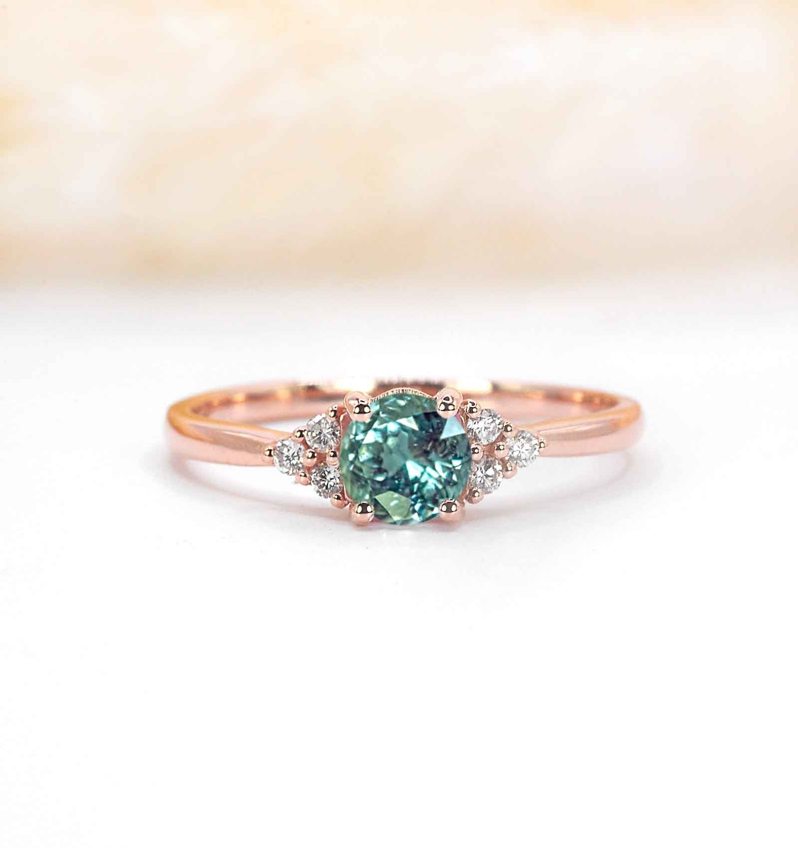 Natural Mint Green Tourmaline Diamond Engagement Ring | Art Deco Solid Rose, Yellow, White Gold Or Platinum Handmade