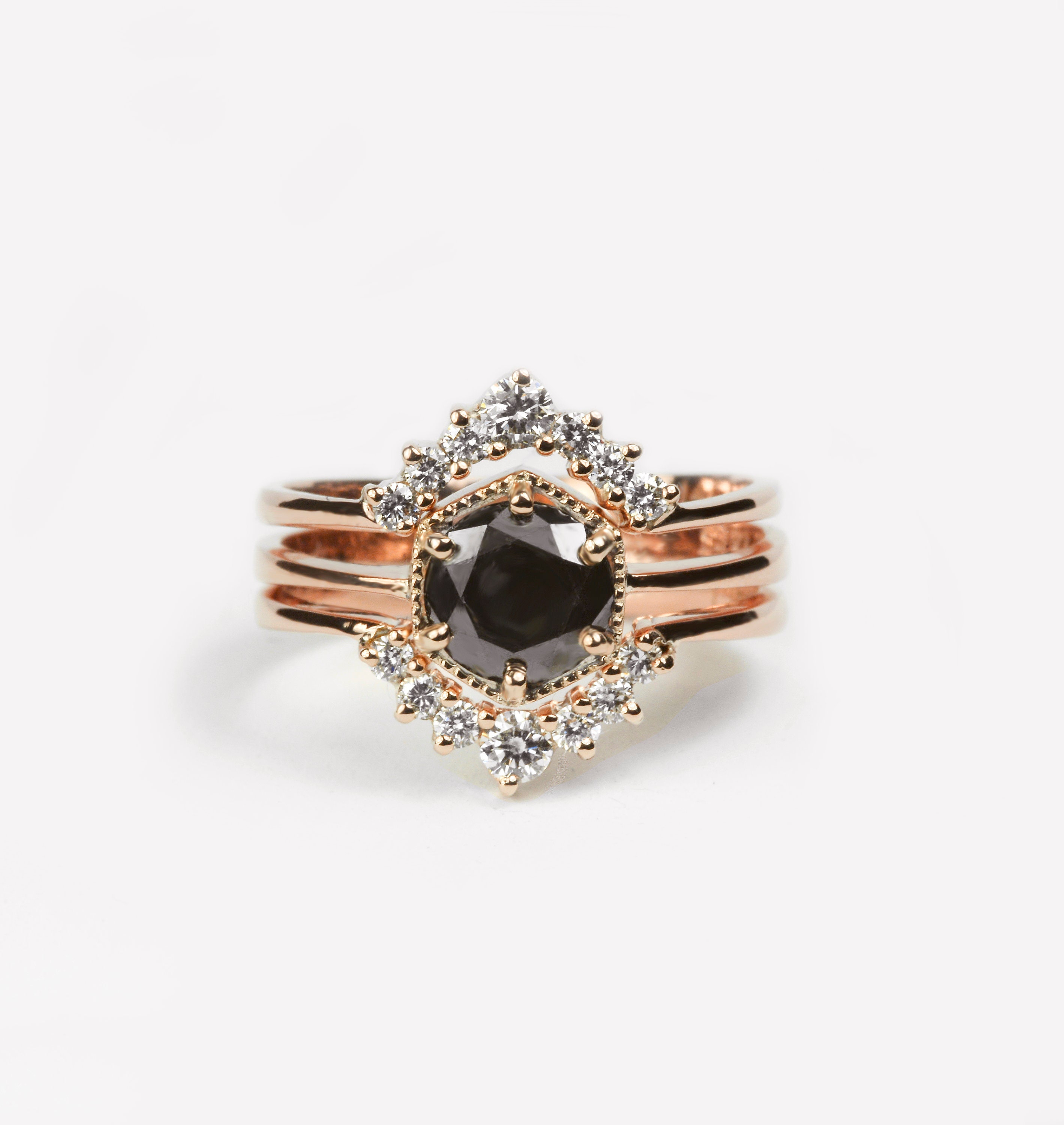 Black Diamond Engagement Ring - 1Ct Ring-Diamond Wedding Band-Diamond Curved Rings Set-Natural Diamond Ring