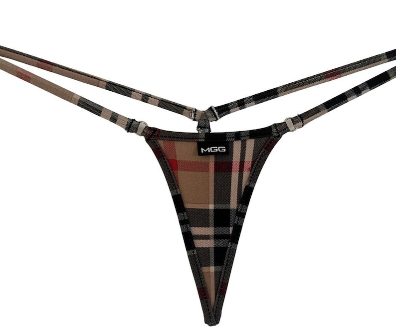 Tan Plaid Micro Thong Bikini String Swimwear Bottom Minimal Coverage Cheeky Thong Bikini