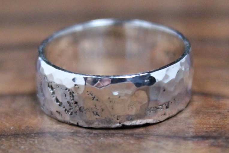 Silver Speckled Facet Band, Textured Ring, Hammered Rustic Sterling Sand Cast Wedding Ring