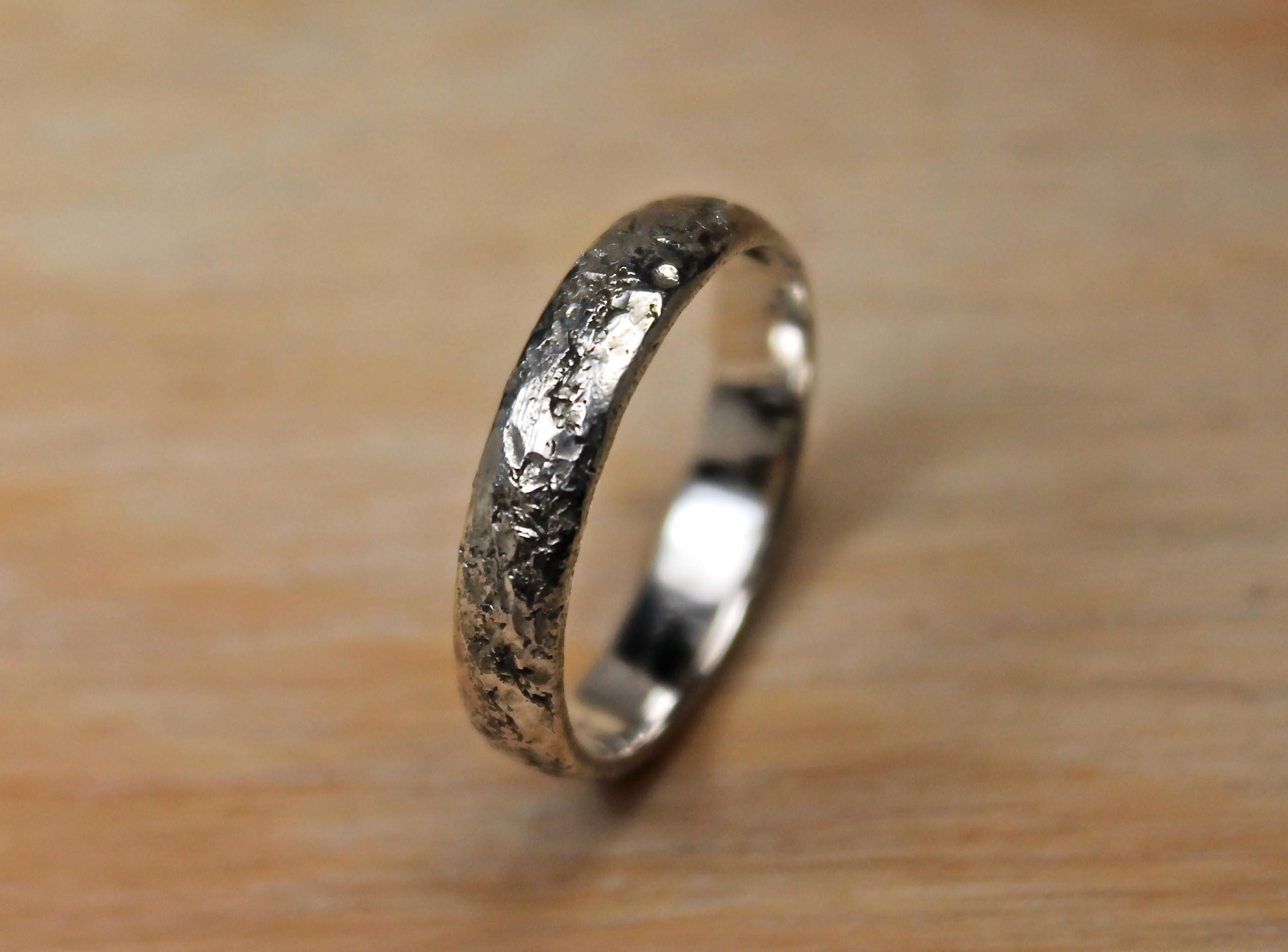 Silver Hand Hammered Ring, Textured Band, Men’s Women’s Rustic, Thin Wedding Ring