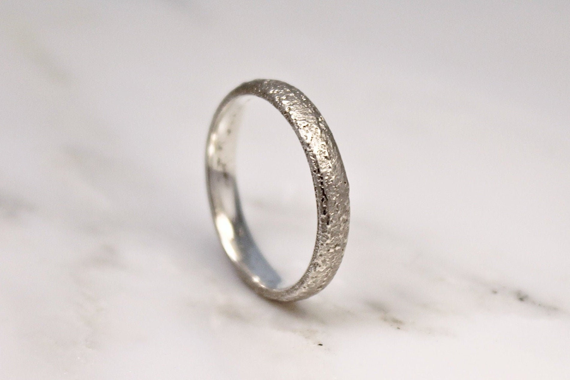 Sand Cast Ring, Thin Matt Wedding Recycled 9Ct White Gold By Woodengold