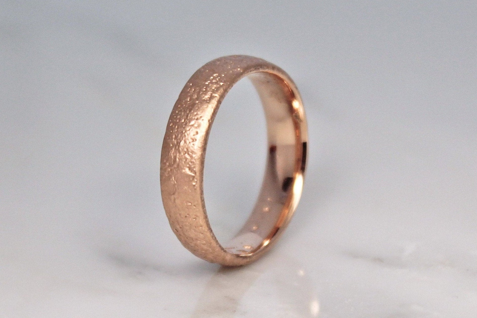 18Ct Rose Gold Sand Cast Ring, Rustic Wedding Band, 5mm Textured Unique Design By Woodengold