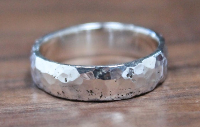 Hand Hammered Silver Ring, Polished Finish, Alternative Band, Pebble Wedding Band, Sterling Ring