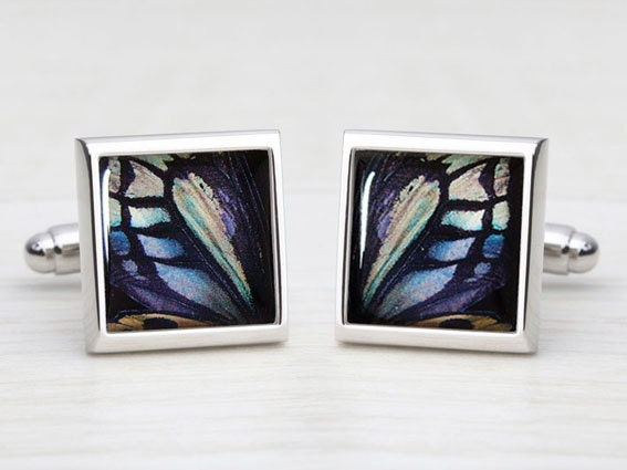 Shades Of Blue & Green Butterfly Wing Print Cufflinks