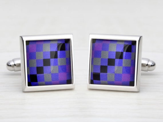 Purple & Grey Check With Black Stripe Cufflinks