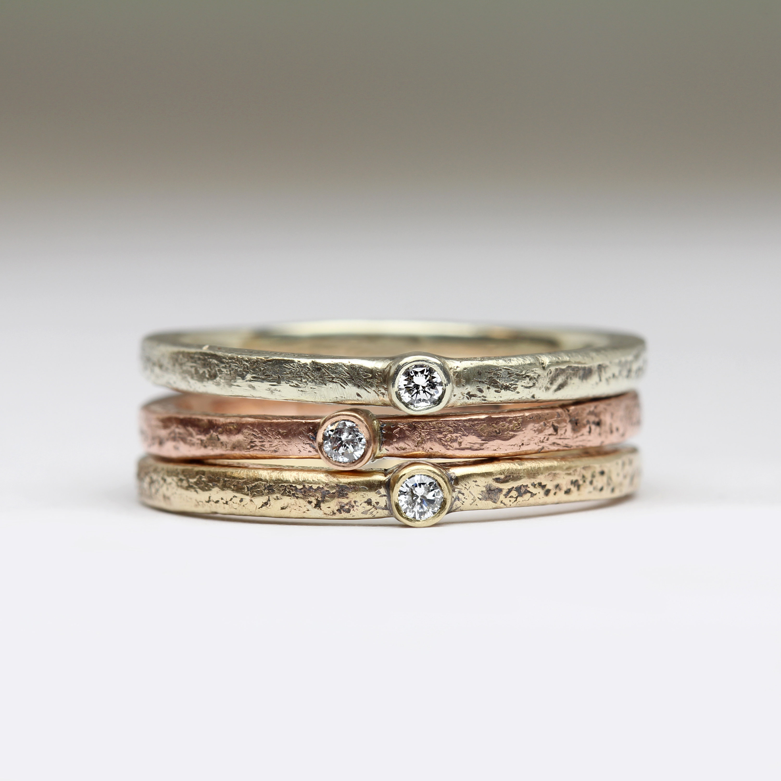 Sandcast Diamond Sacking Rings in 9Ct White, Rose & Yellow Golds - Dainty Bezel Set Ethical Diamonds Cast Beach Sand