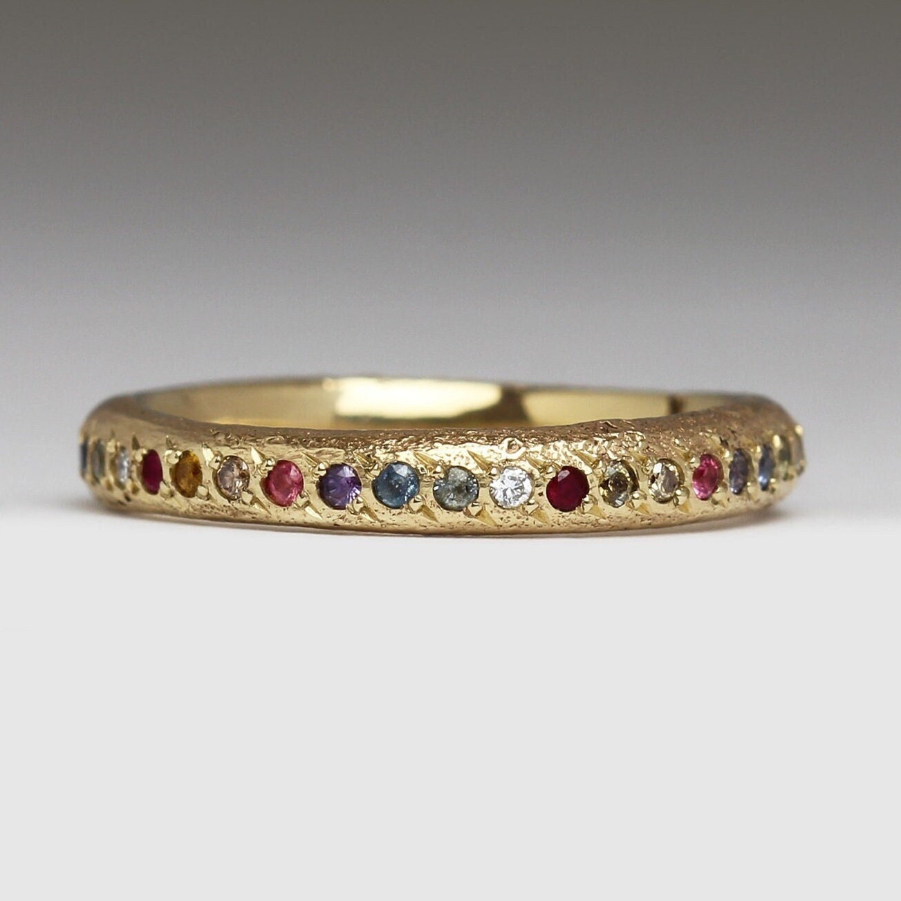 Rainbow Eternity Ring - Cast in Beach Sand Recycled 9Ct Gold Diamonds & Multi-Coloured Sapphires Handmade Cornwall
