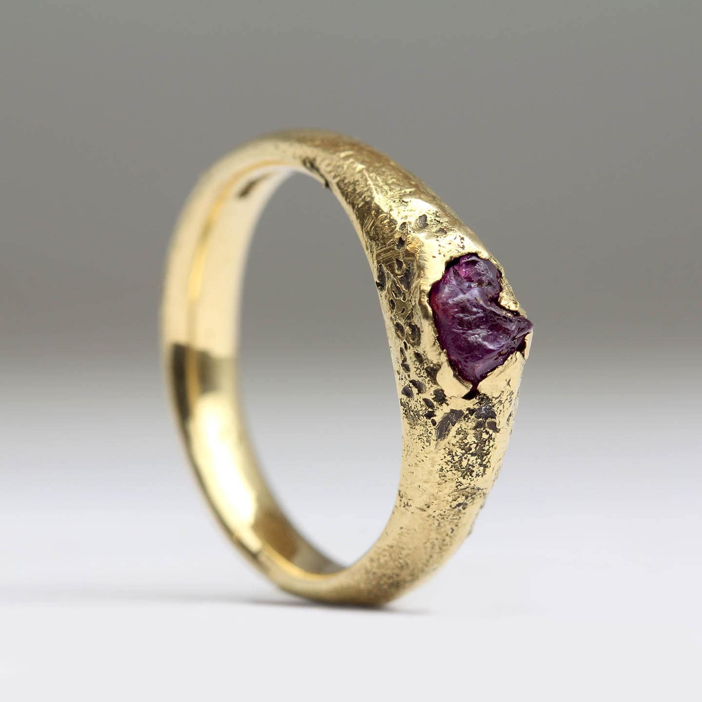 Rough Ruby Ring in Solid 18Ct Yellow Gold - Cast Beach Sand Raw Ethical Gemstone Non Traditional Engagement