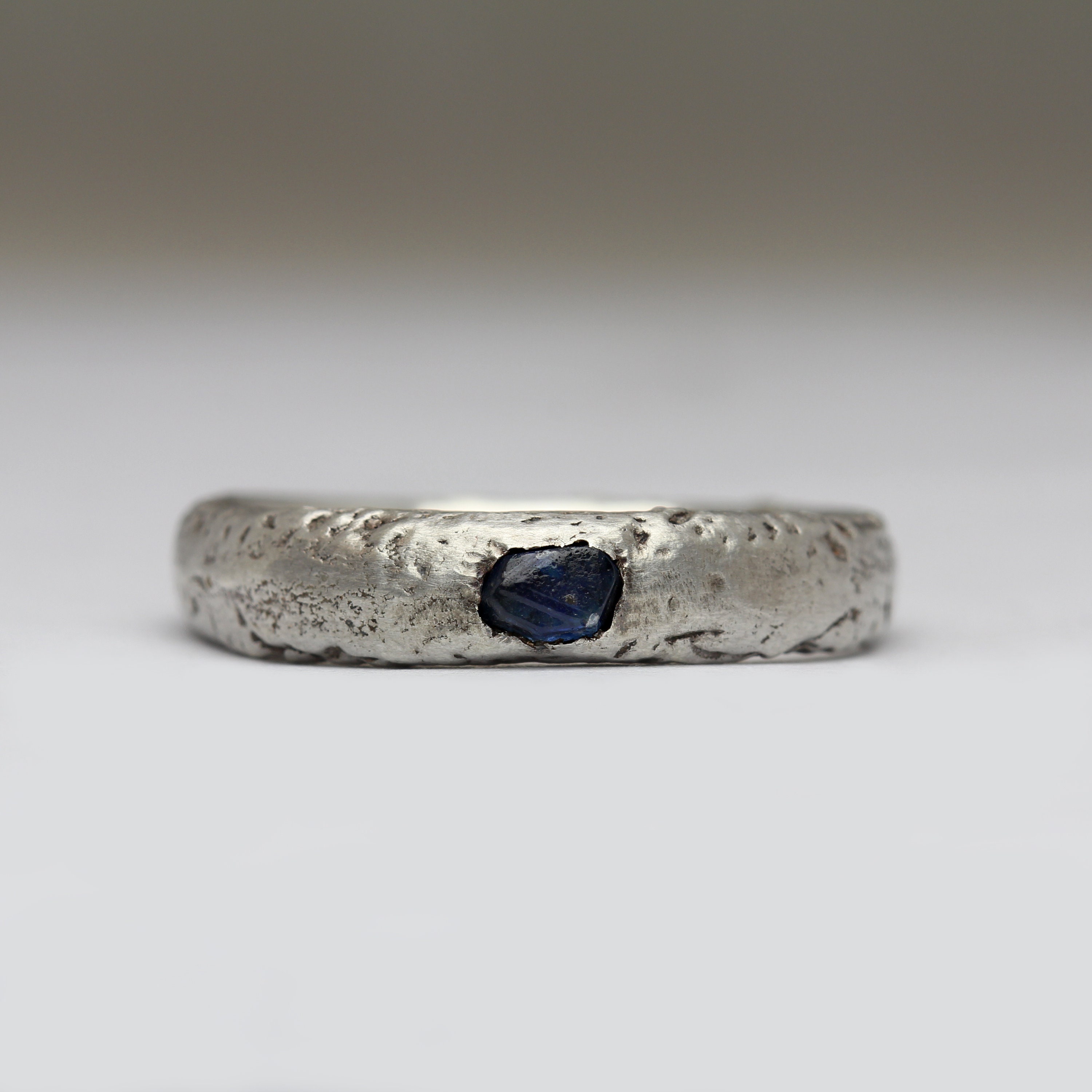Rough Sapphire Ring - Cast in Beach Sand Raw Gemstone Inset Recycled Sterling Silver