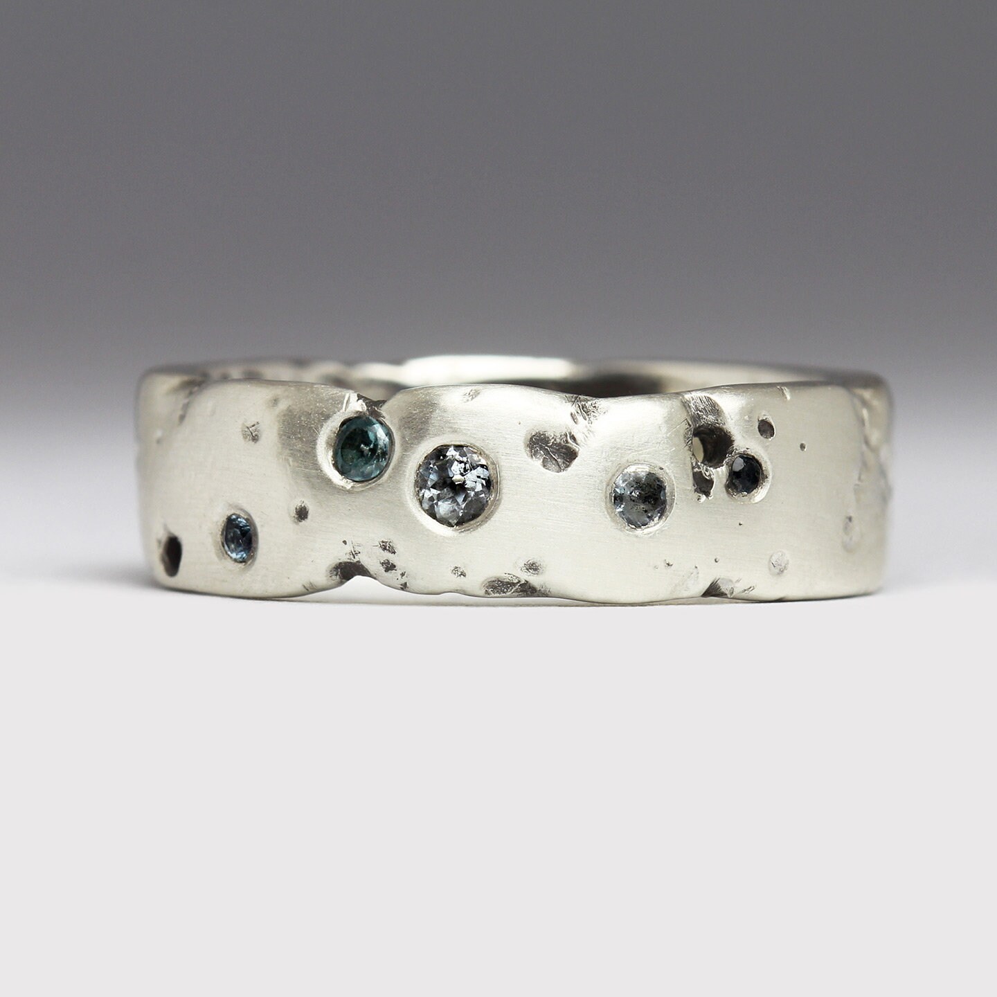 Silver & Gemstone Rockpool Ring - Recycled Rustic Textured Blue Gemstones Unique Design Handmade in Cornwall