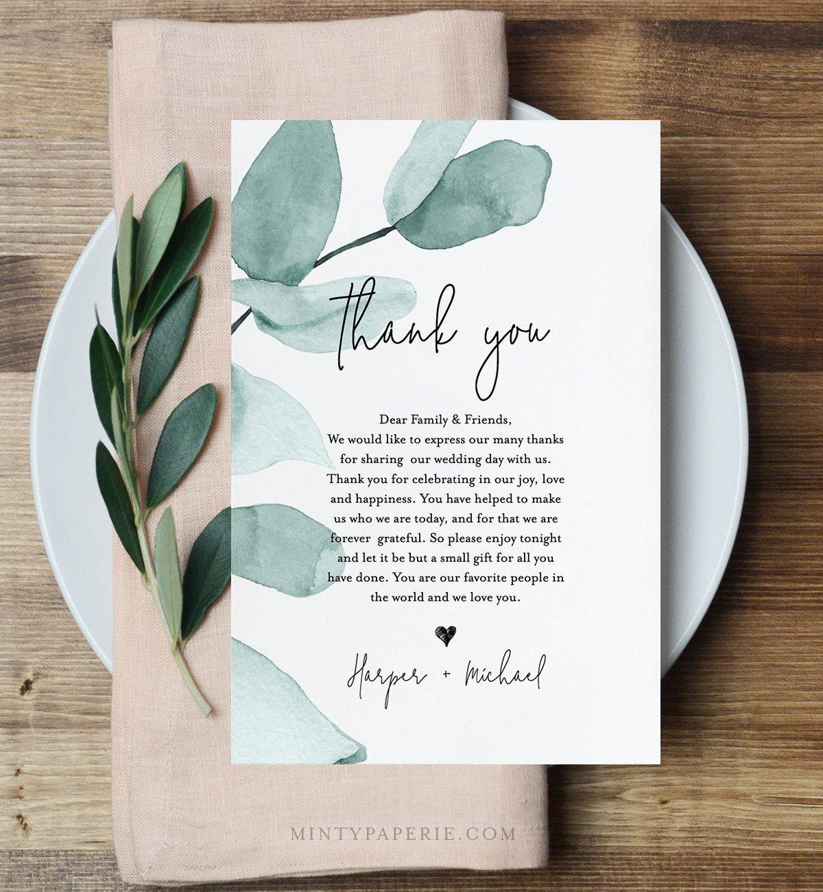 Thank You Letter Greenery Wedding In Lieu Of Favor Card Etsy Australia