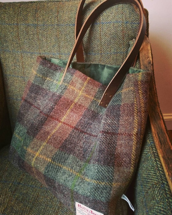 hand crafted harris tweed tote bag with real leather handles