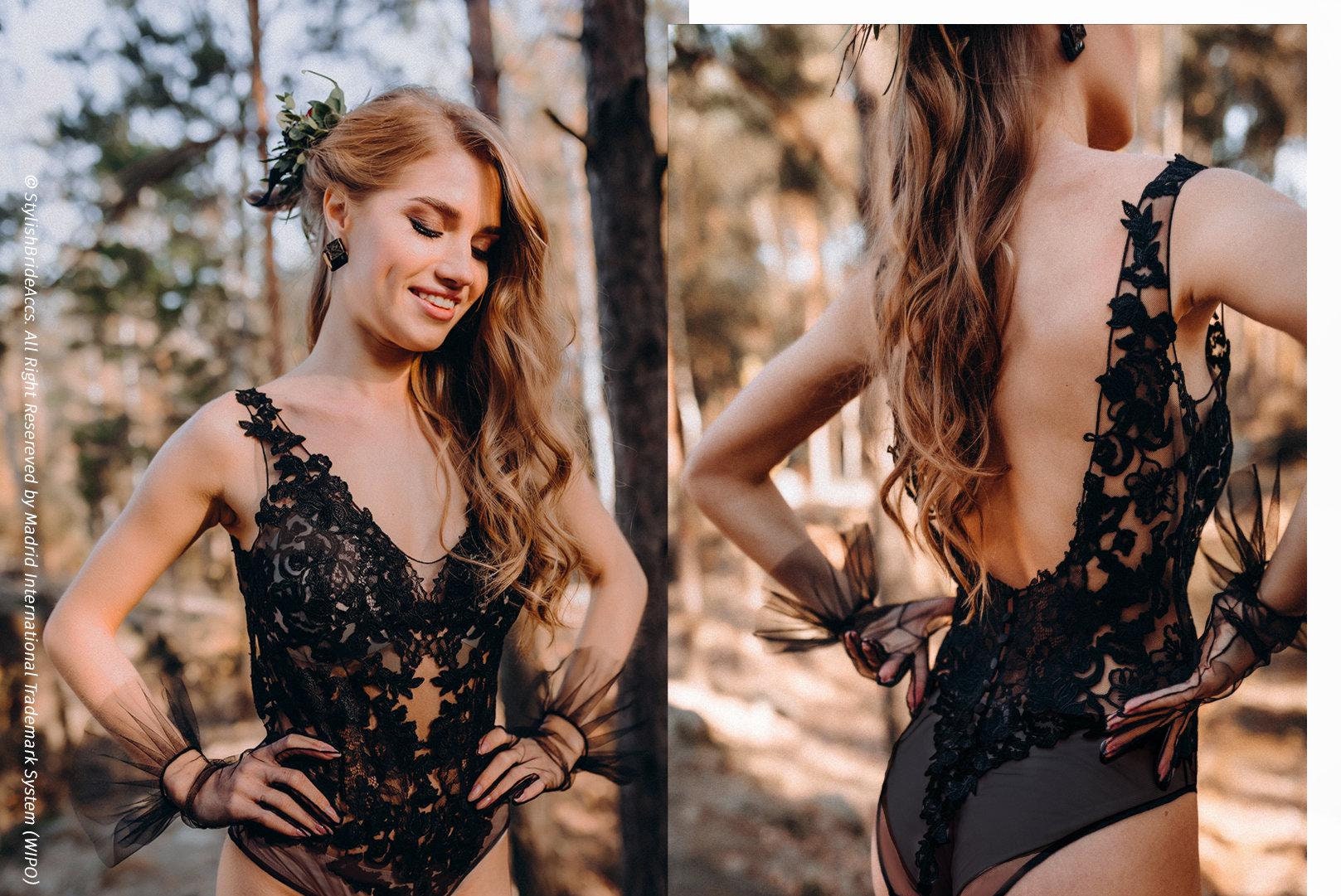 Black Flower Lace Bodysuit With Open Back Botanical Lace Wedding Bodysuit Lingerie Bridal Plus