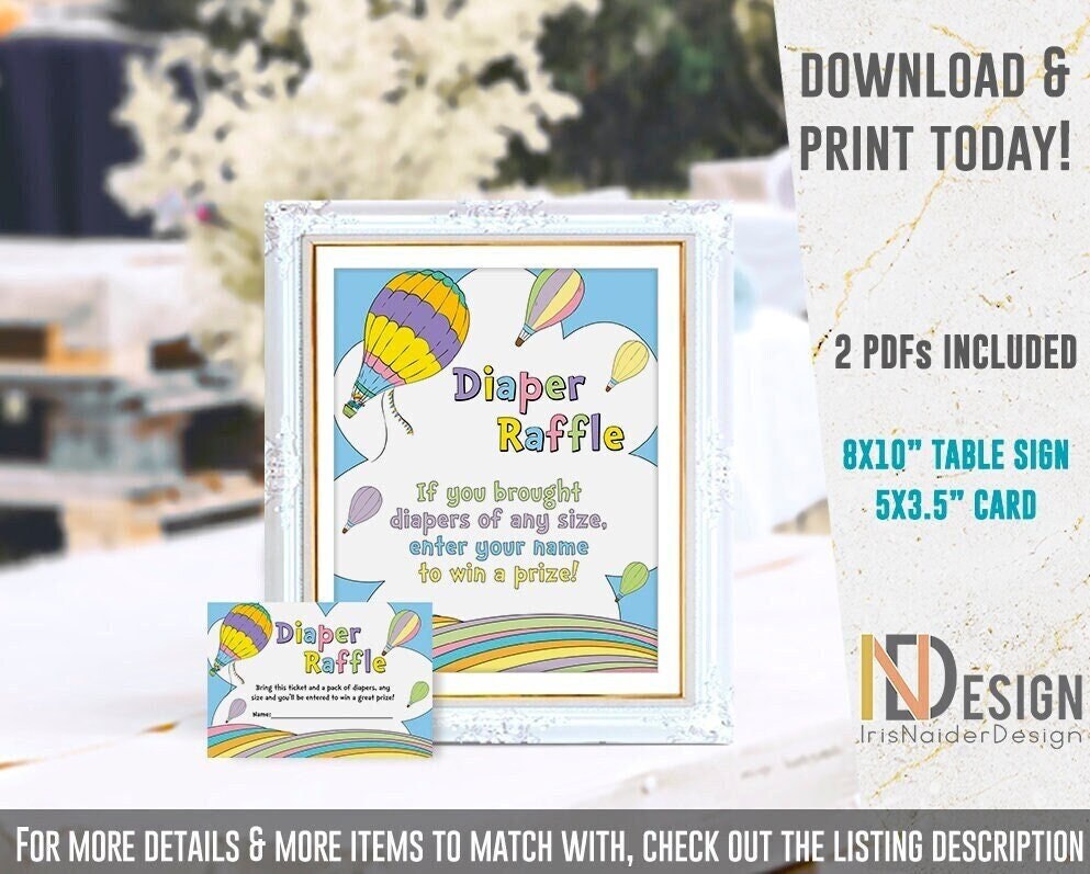 Diaper Raffle Card Baby Shower Sign Hot Air Balloon Not Etsy