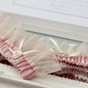 Dusty Pink Garter Set With Nude Tulle Nude Tulle Garter Set Dusty Pink Wedding Garter Set